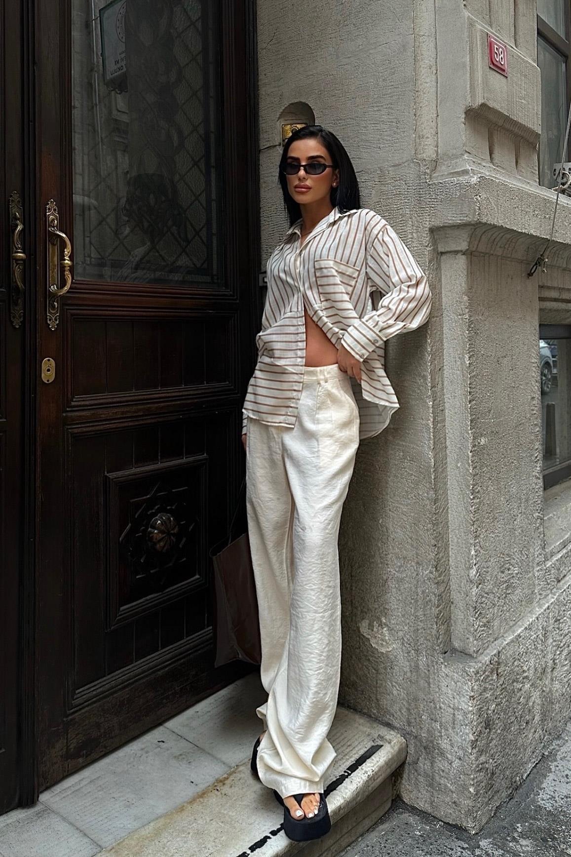 S4Y3377Suzy Çizgili Keten Gömlek 3377-08