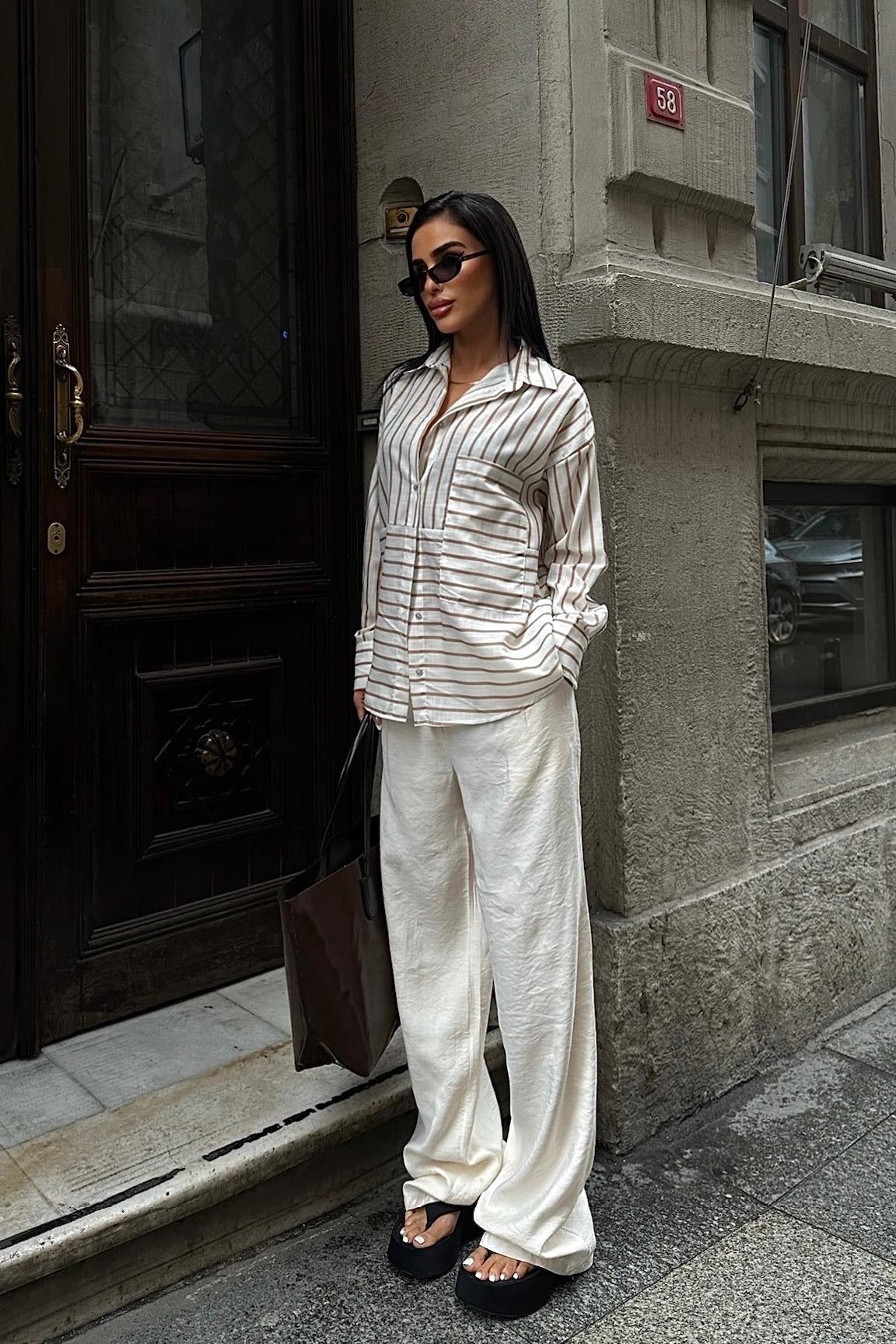 S4Y3377Suzy Çizgili Keten Gömlek 3377-08
