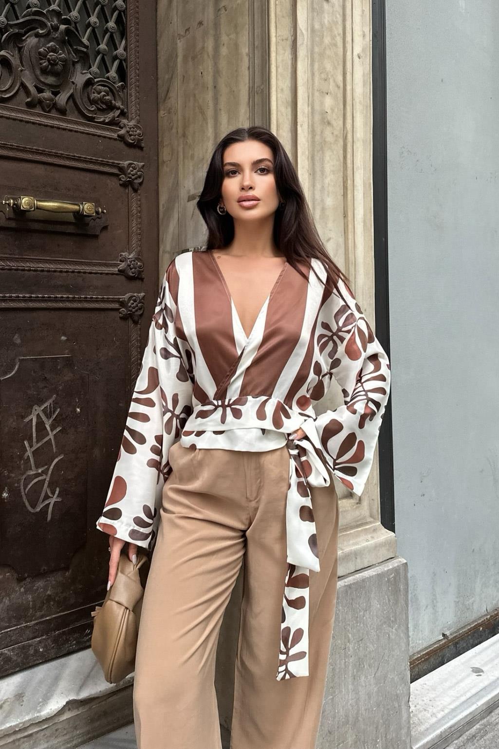 S4Y3373Sylvia Bağlamalı Saten Gömlek 3373-08