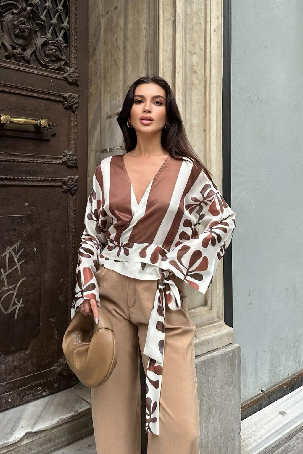 S4Y3373Sylvia Bağlamalı Saten Gömlek 3373-08