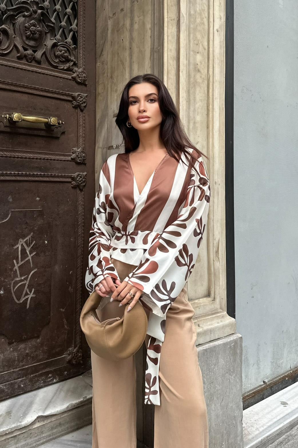 S4Y3373Sylvia Bağlamalı Saten Gömlek 3373-08