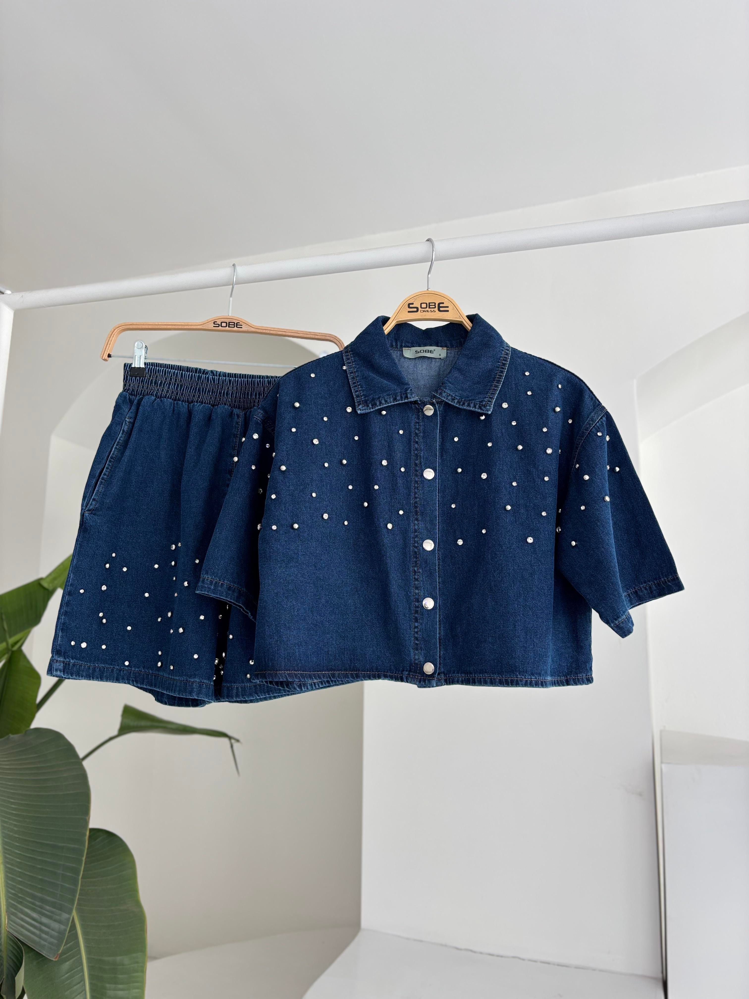 S5Y10175Taş Detaylı Gömlek Şort Denim Takım 10175