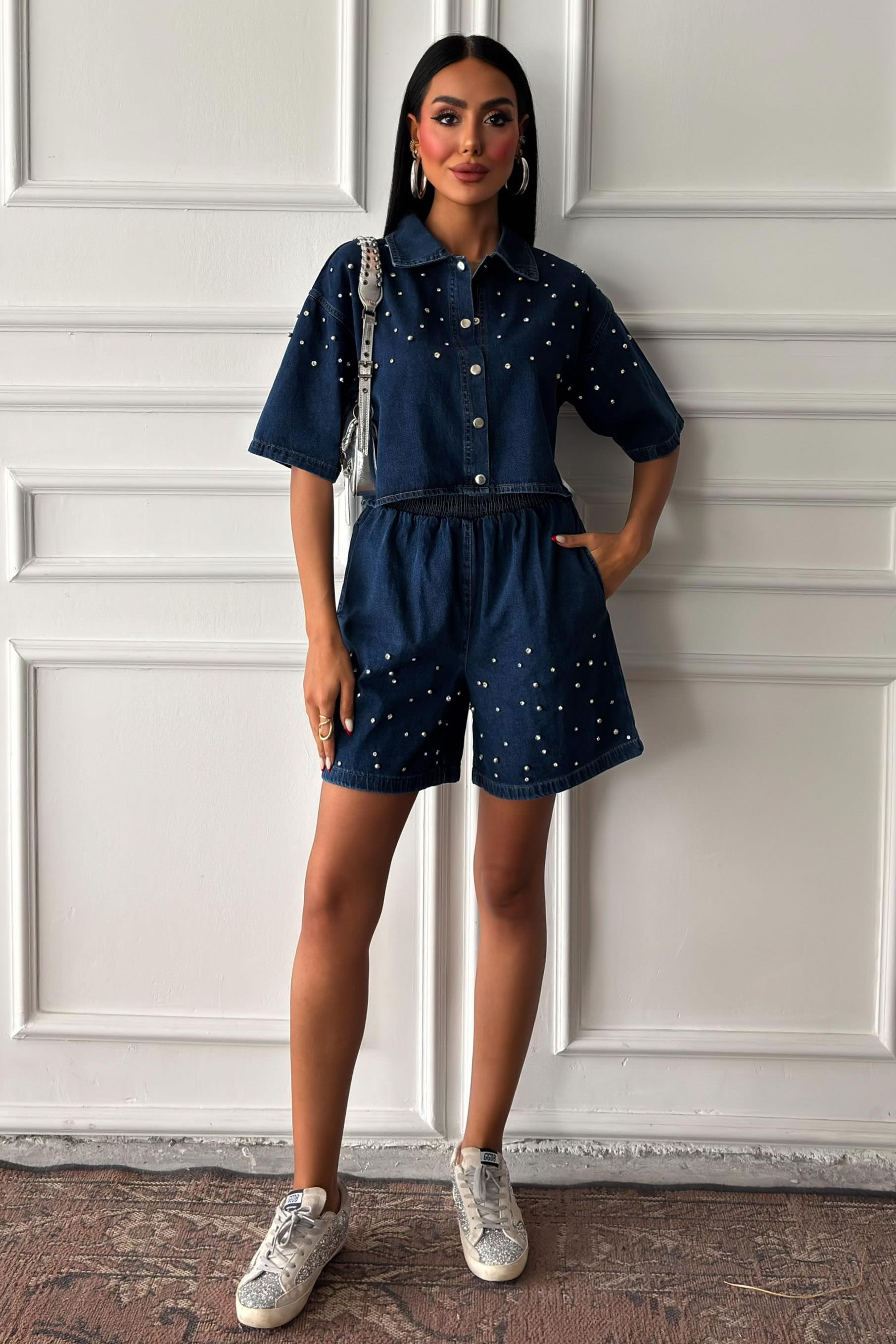 S5Y10175Taş Detaylı Gömlek Şort Denim Takım 10175