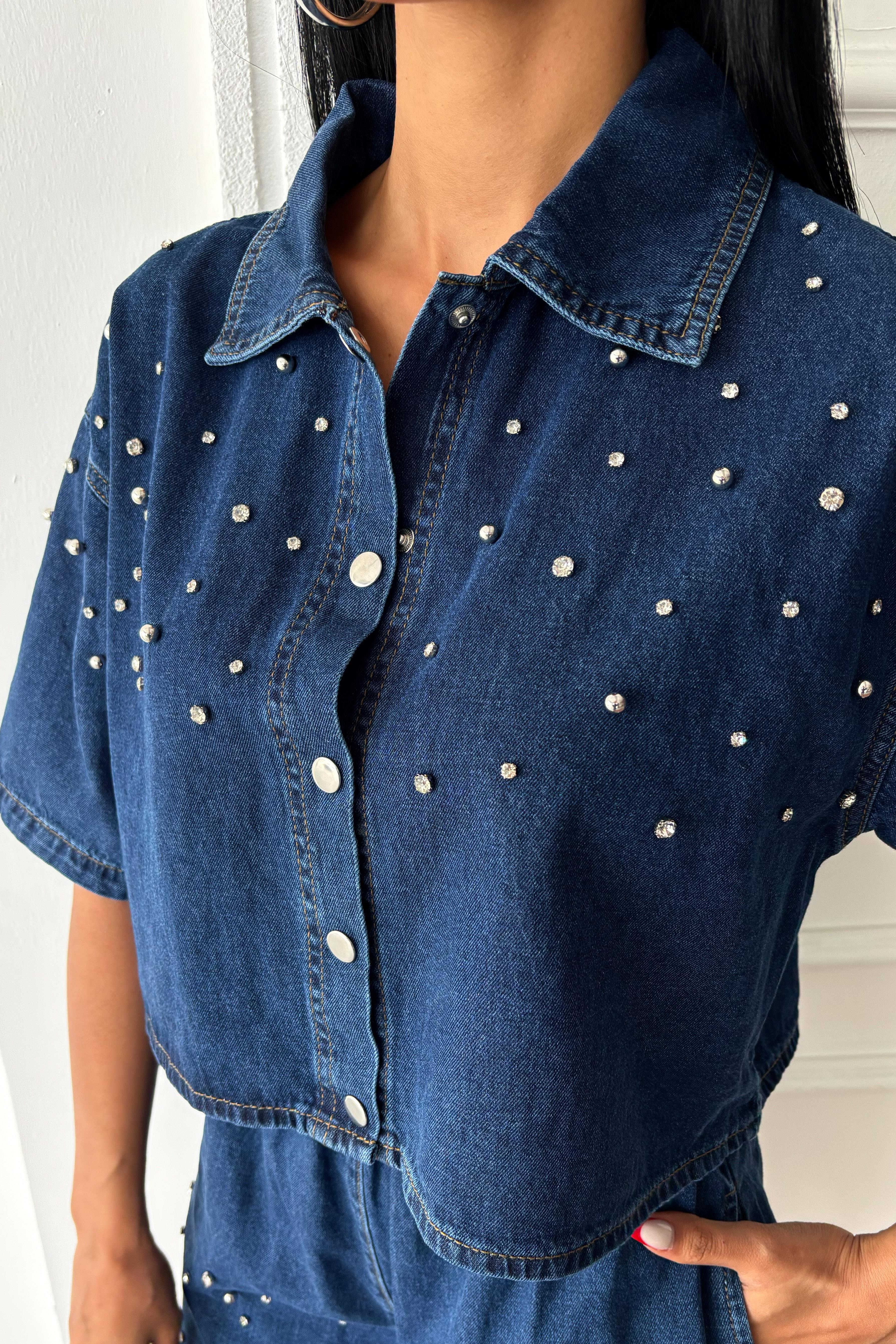 S5Y10175Taş Detaylı Gömlek Şort Denim Takım 10175