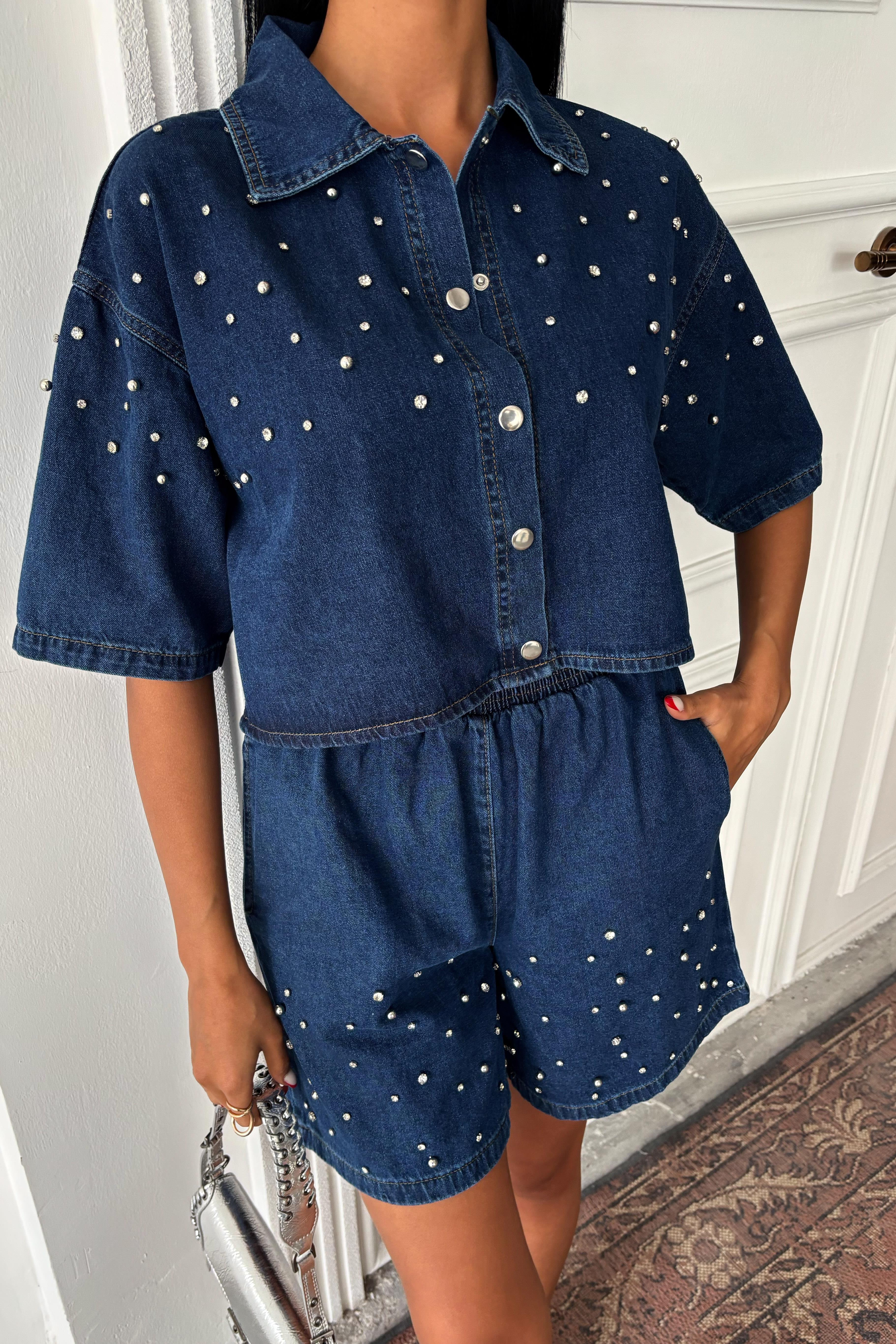 S5Y10175Taş Detaylı Gömlek Şort Denim Takım 10175