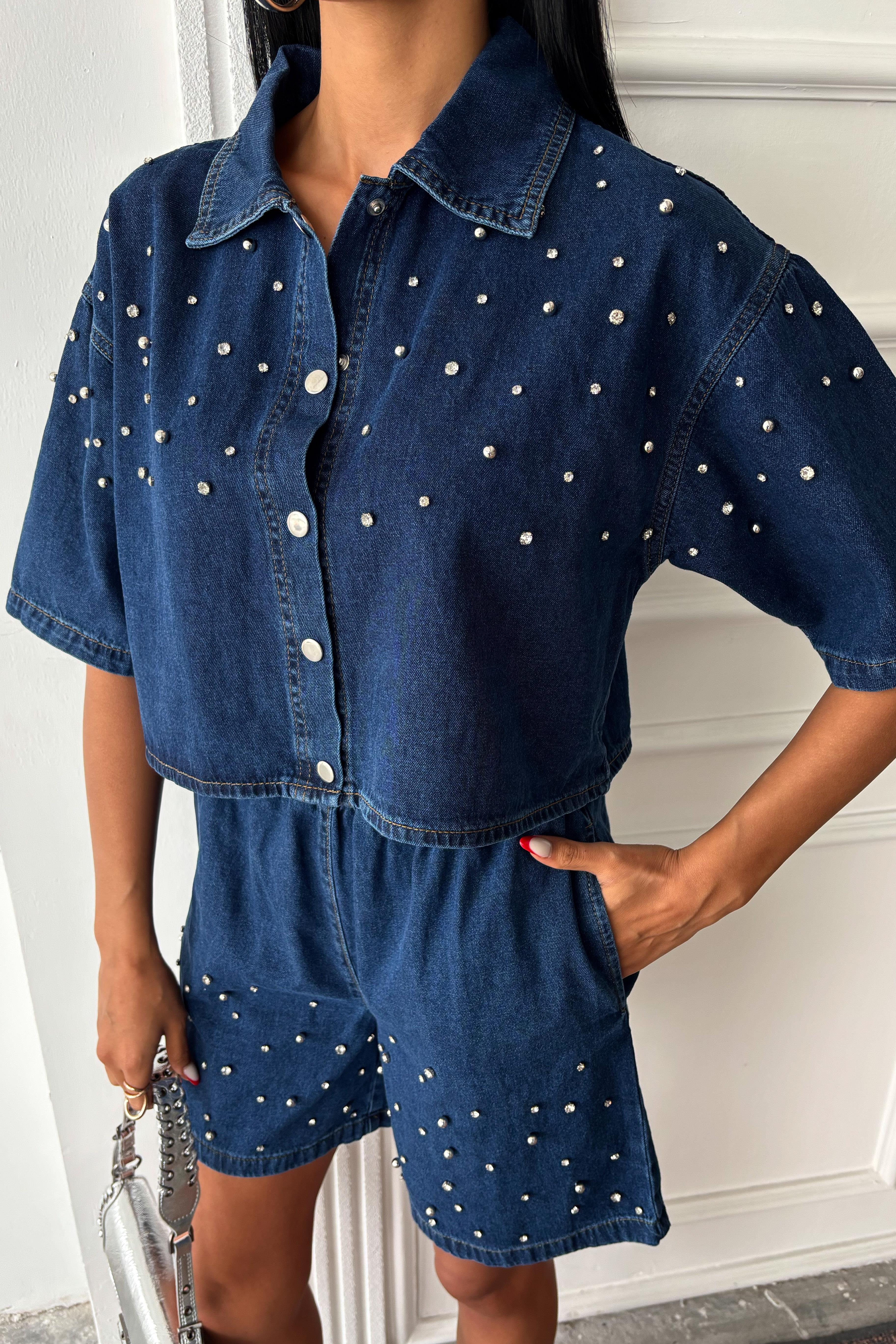S5Y10175Taş Detaylı Gömlek Şort Denim Takım 10175