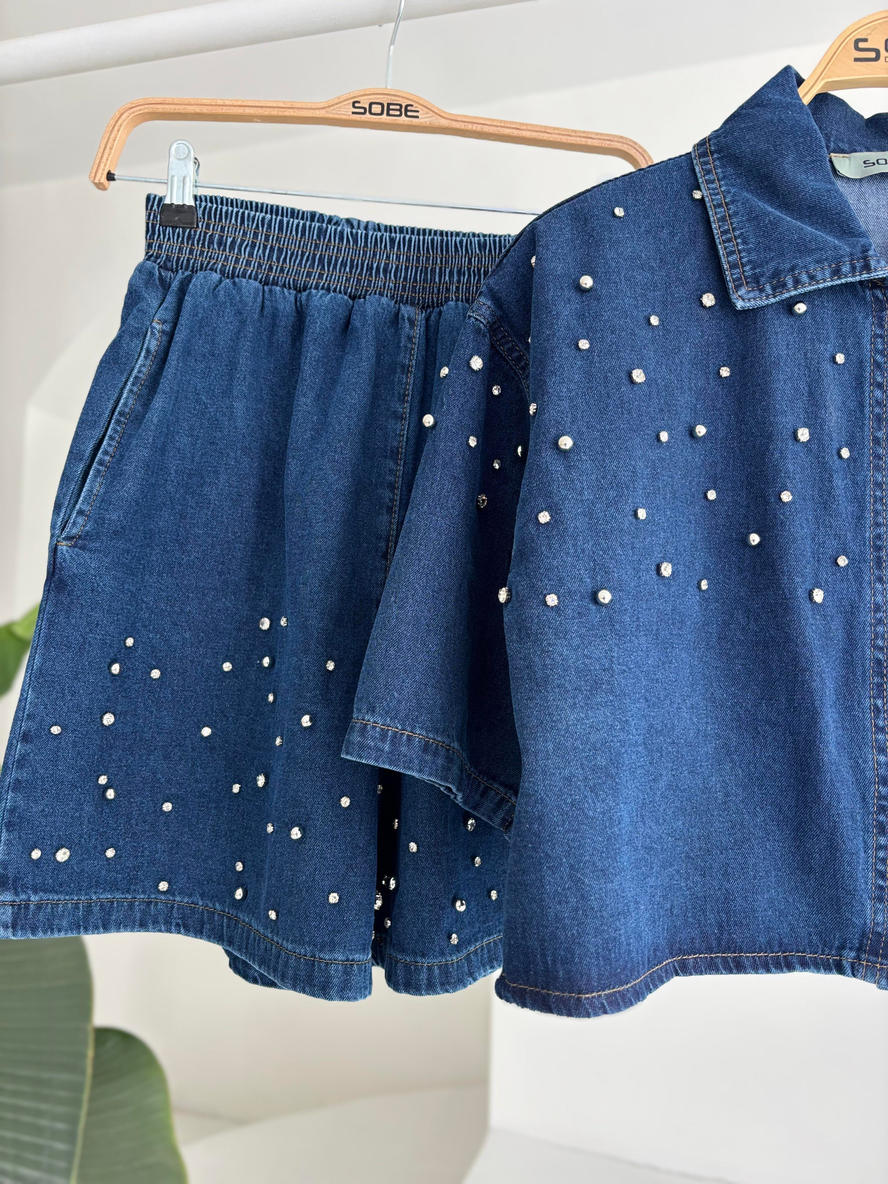 S5Y10175Taş Detaylı Gömlek Şort Denim Takım 10175