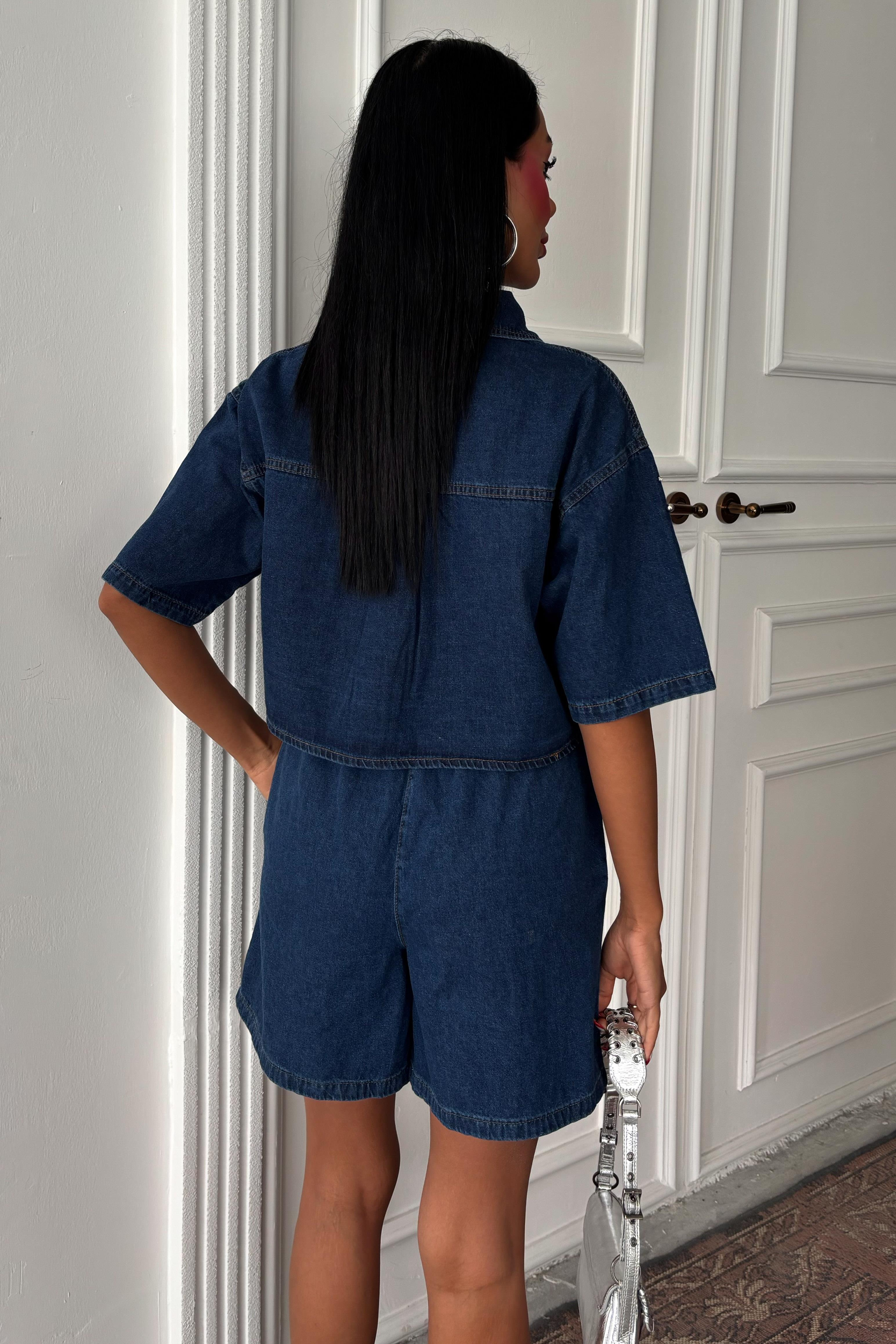 S5Y10175Taş Detaylı Gömlek Şort Denim Takım 10175