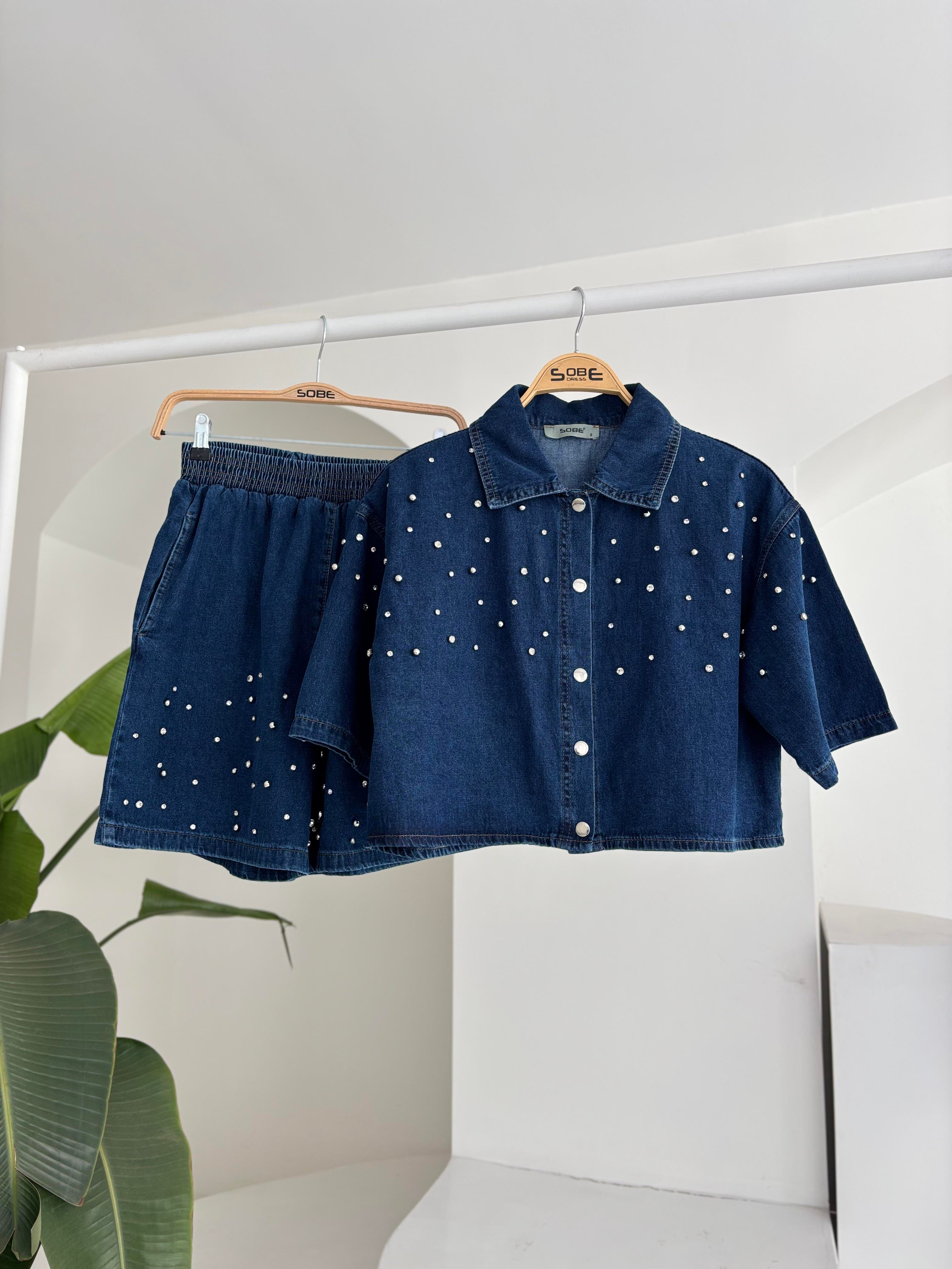 S5Y10175Taş Detaylı Gömlek Şort Denim Takım 10175