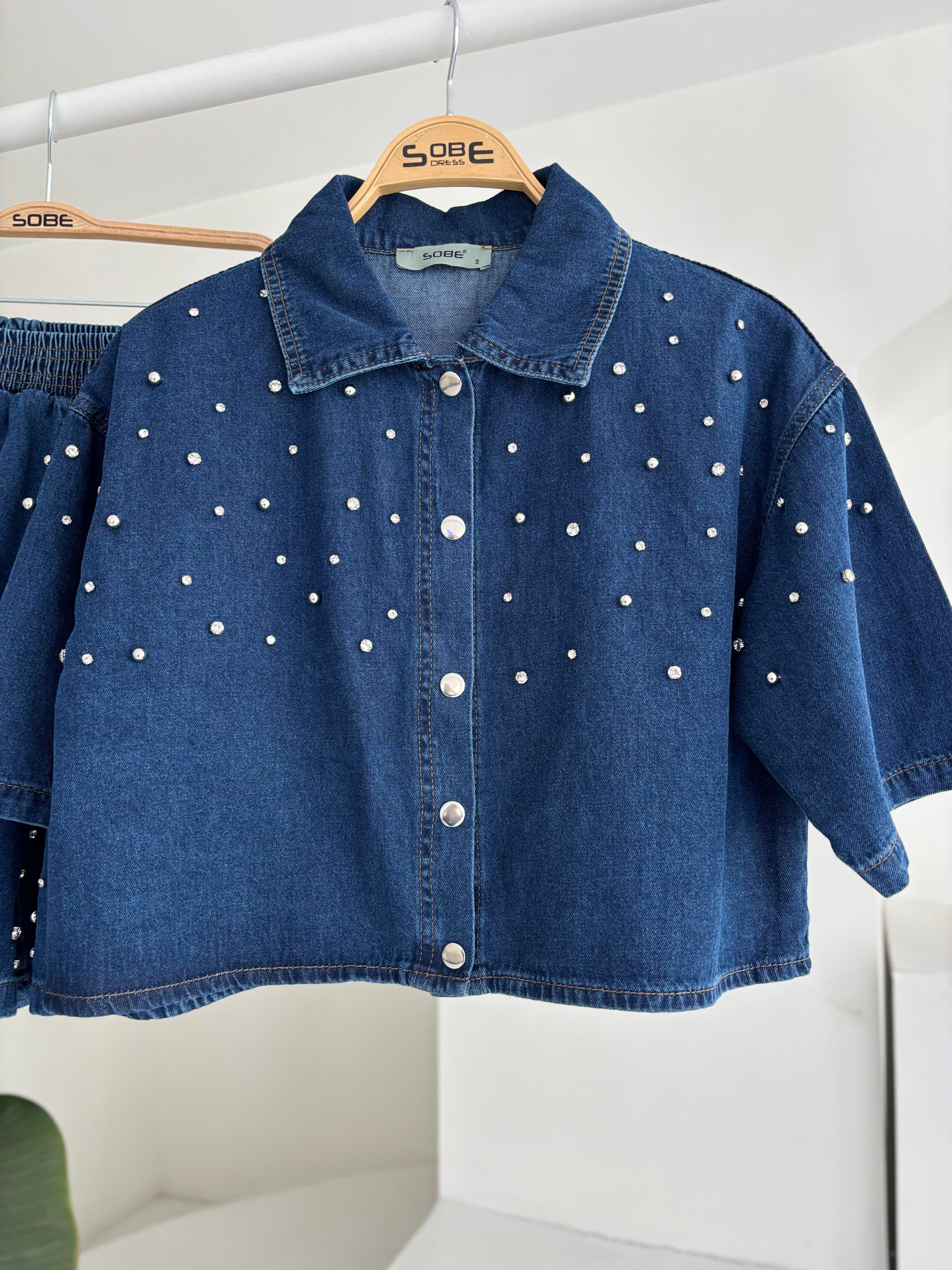 S5Y10175Taş Detaylı Gömlek Şort Denim Takım 10175