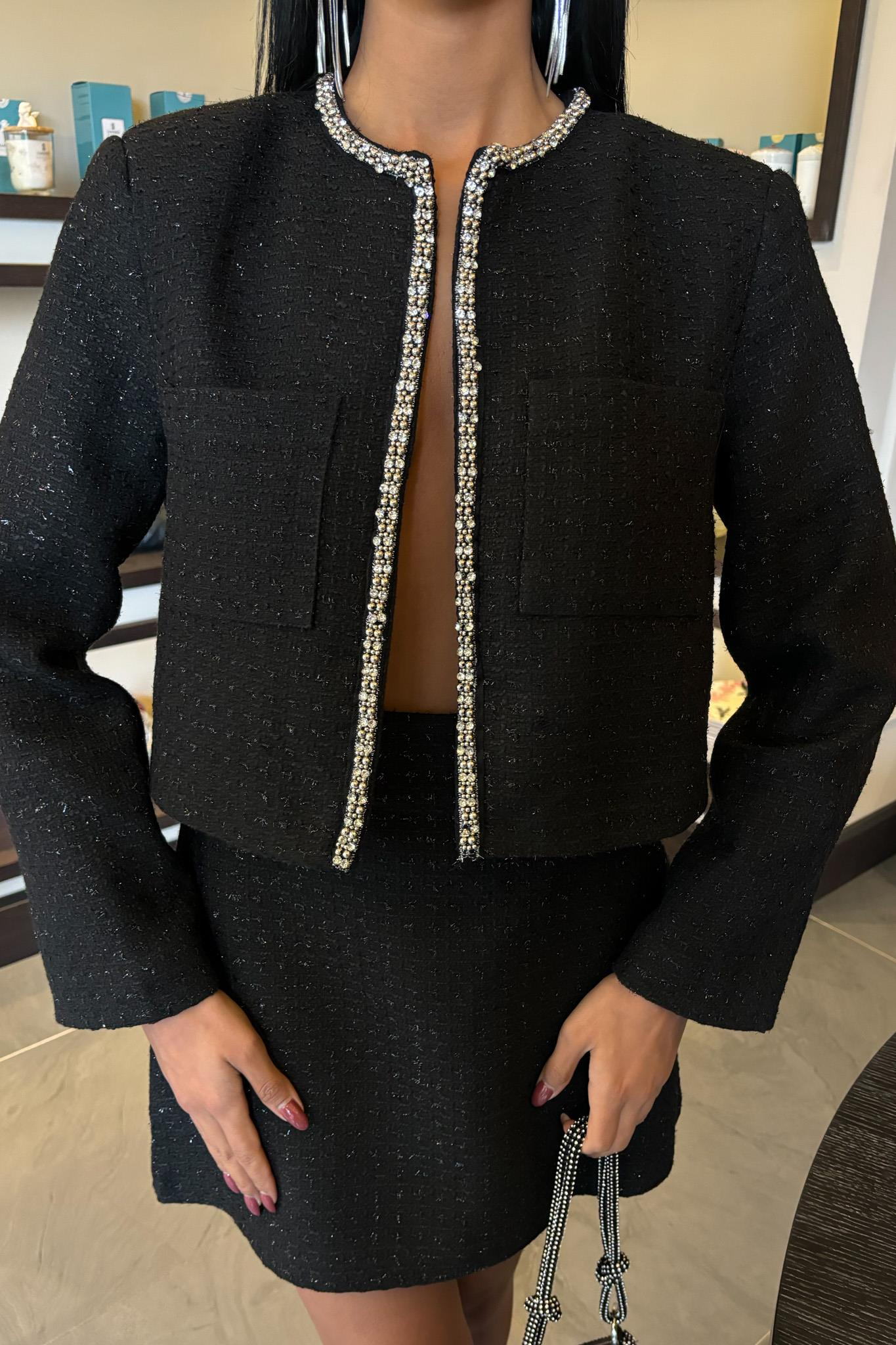 S5Y10050Taş Şerit Detaylı, Simli Chanel Takım 10050