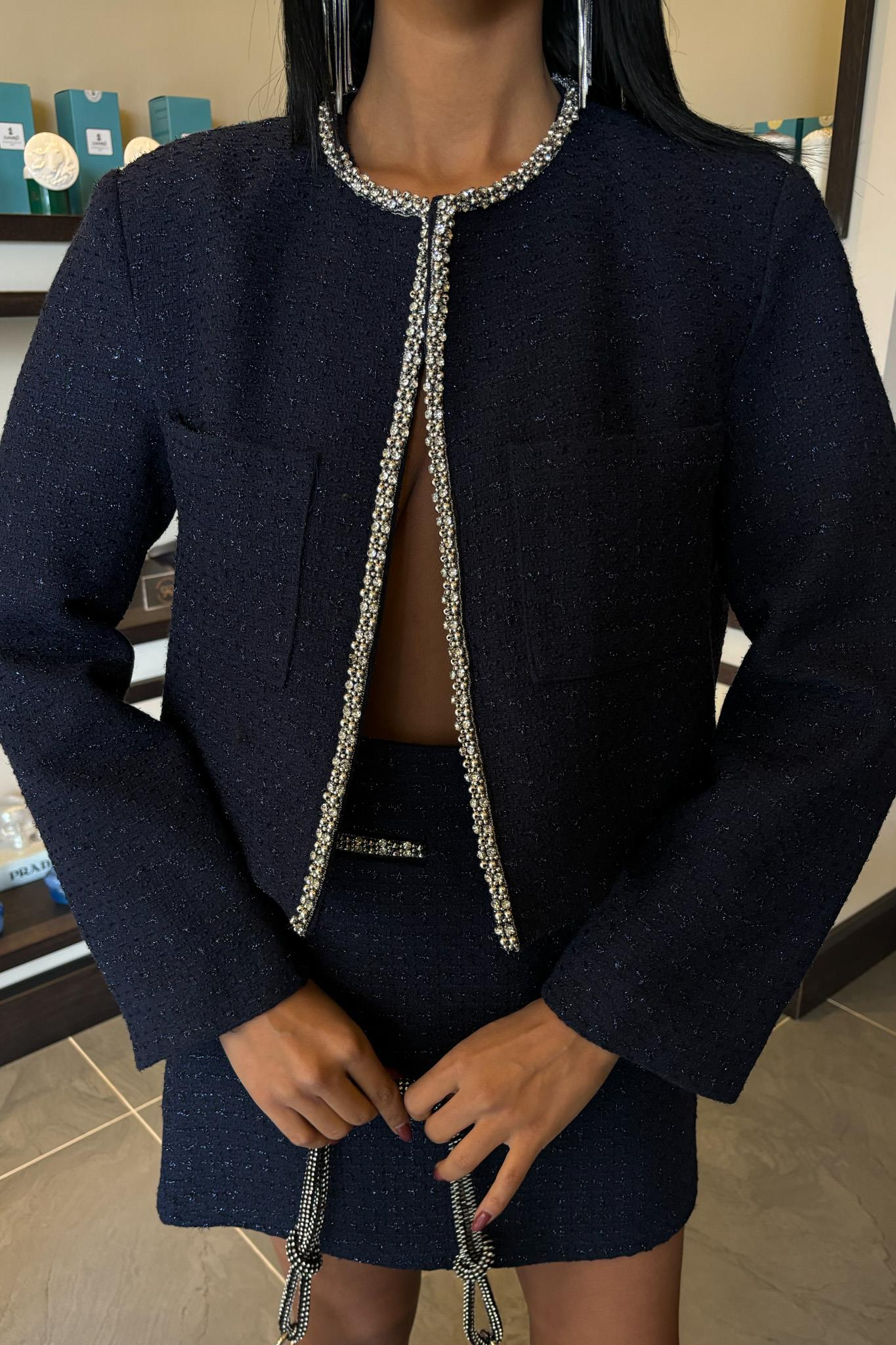 S5Y10050Taş Şerit Detaylı, Simli Chanel Takım 10050