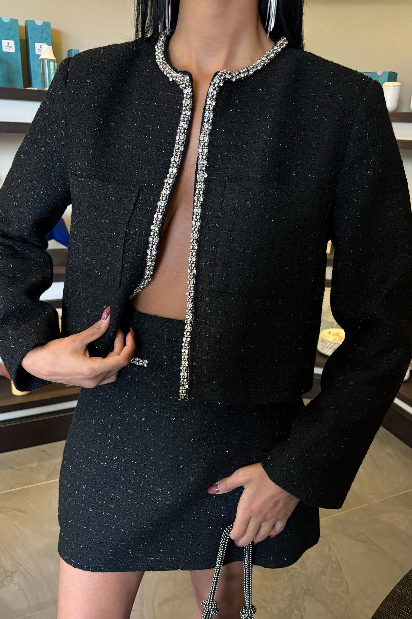 S5Y10050Taş Şerit Detaylı, Simli Chanel Takım 10050