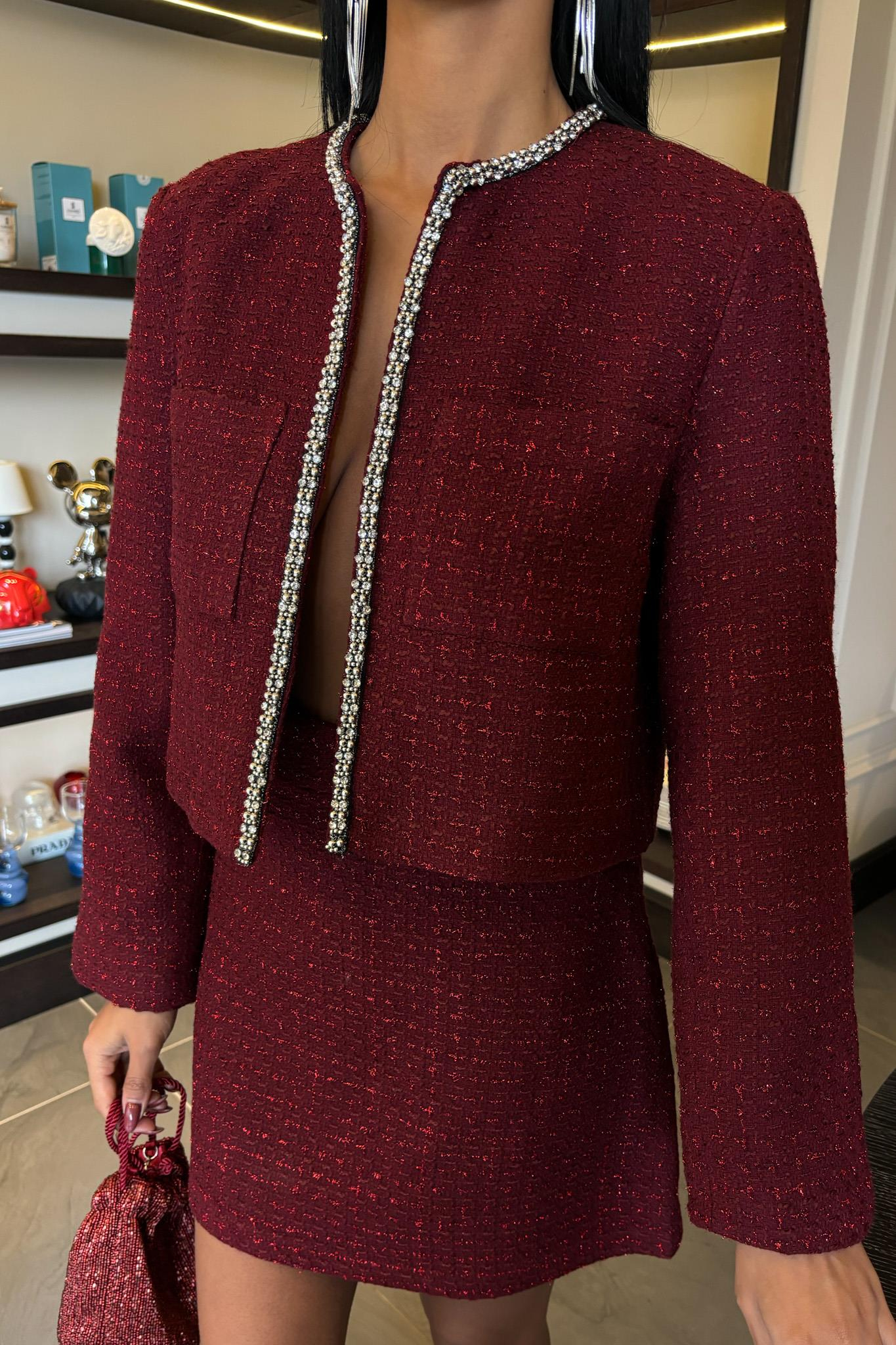 S5Y10050Taş Şerit Detaylı, Simli Chanel Takım 10050