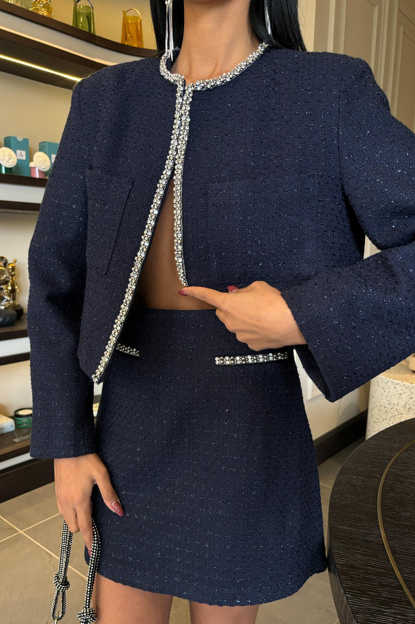 S5Y10050Taş Şerit Detaylı, Simli Chanel Takım 10050