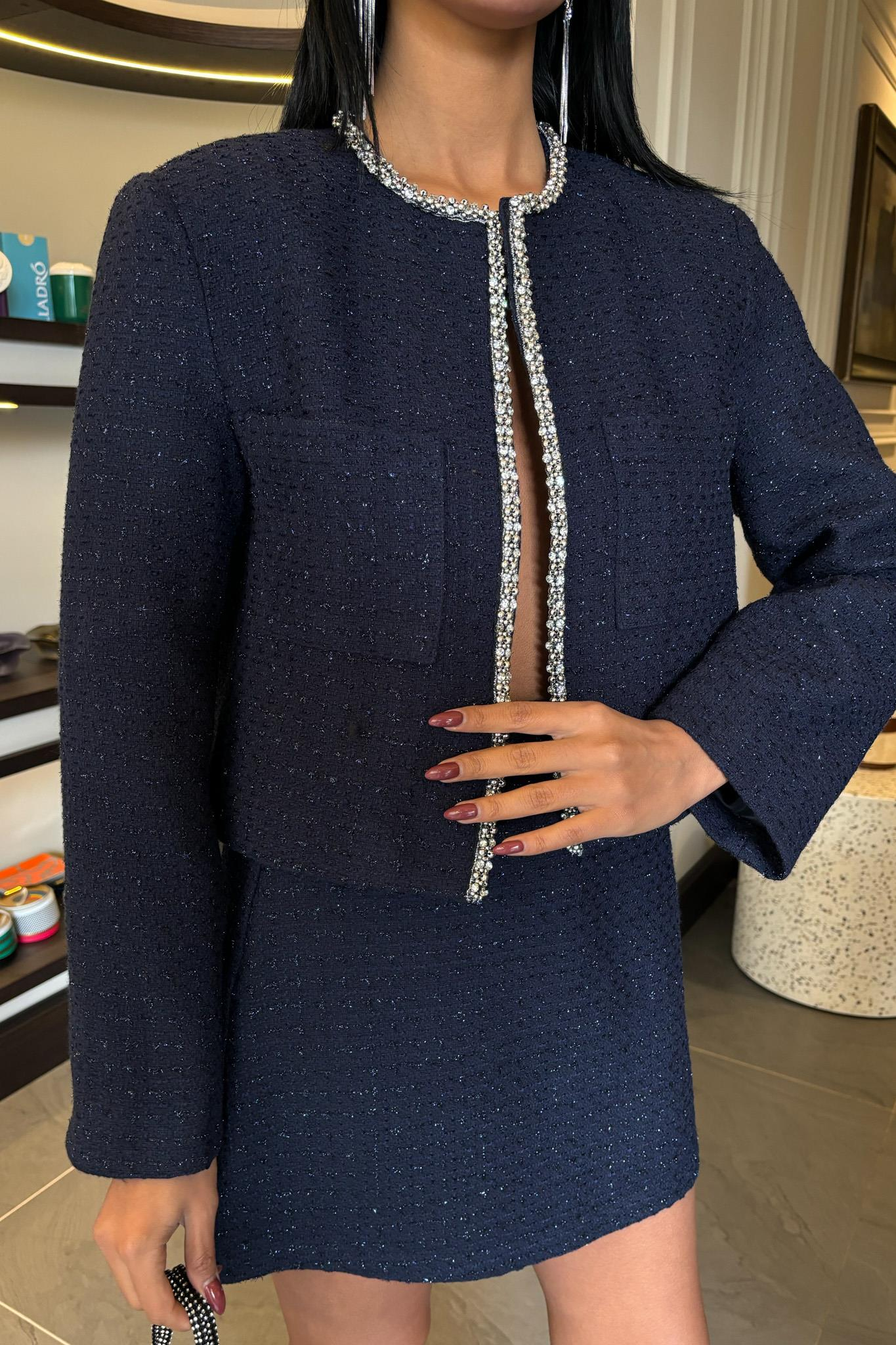 S5Y10050Taş Şerit Detaylı, Simli Chanel Takım 10050