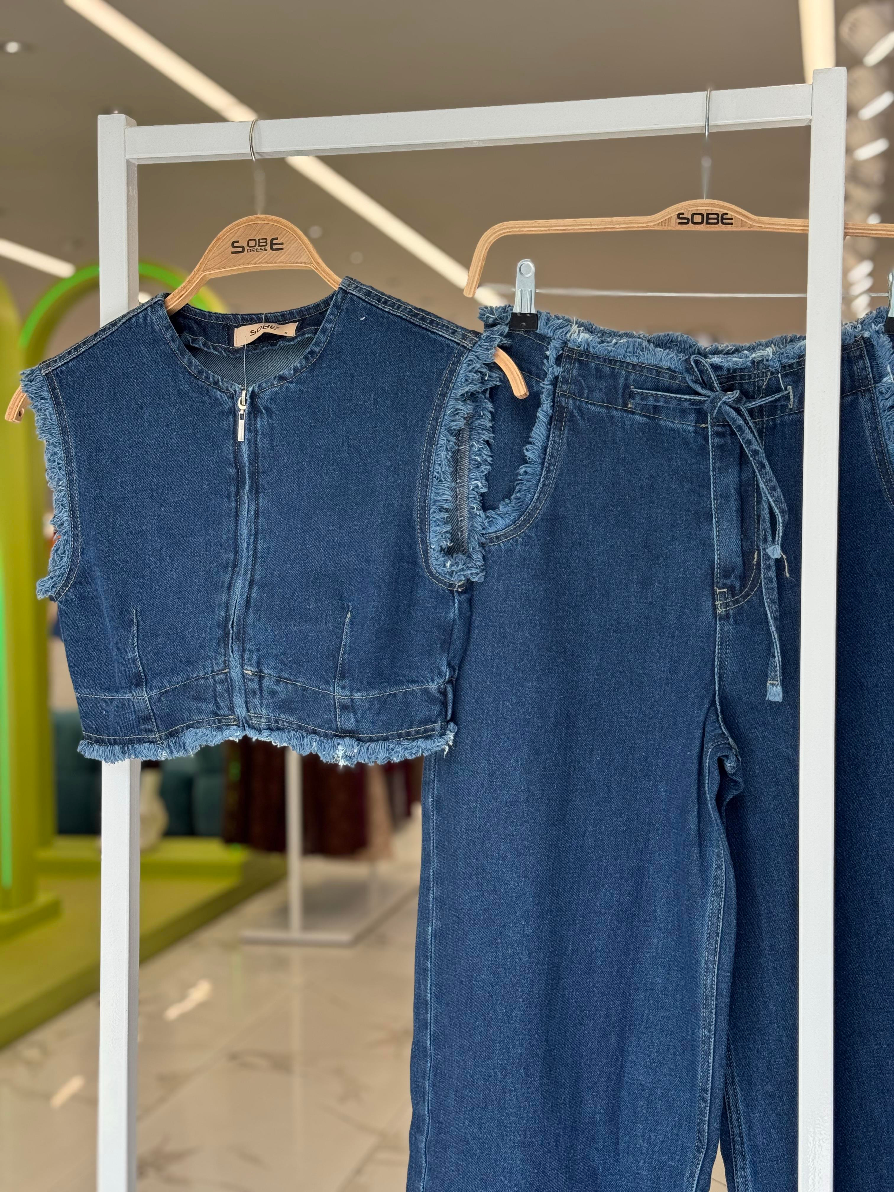 S5Y10225Püskül Detaylı Denim Takım 10225