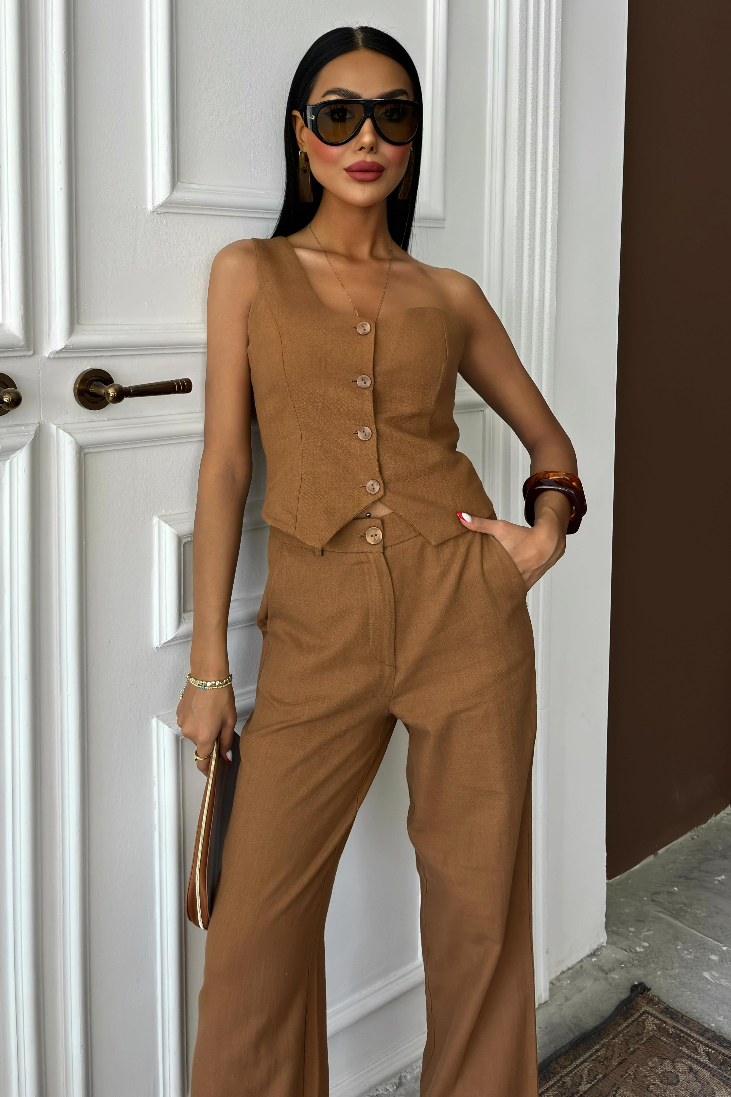 S5Y10159One Shoulder Bustier Plazzo Trousers Viscose Suit 10159