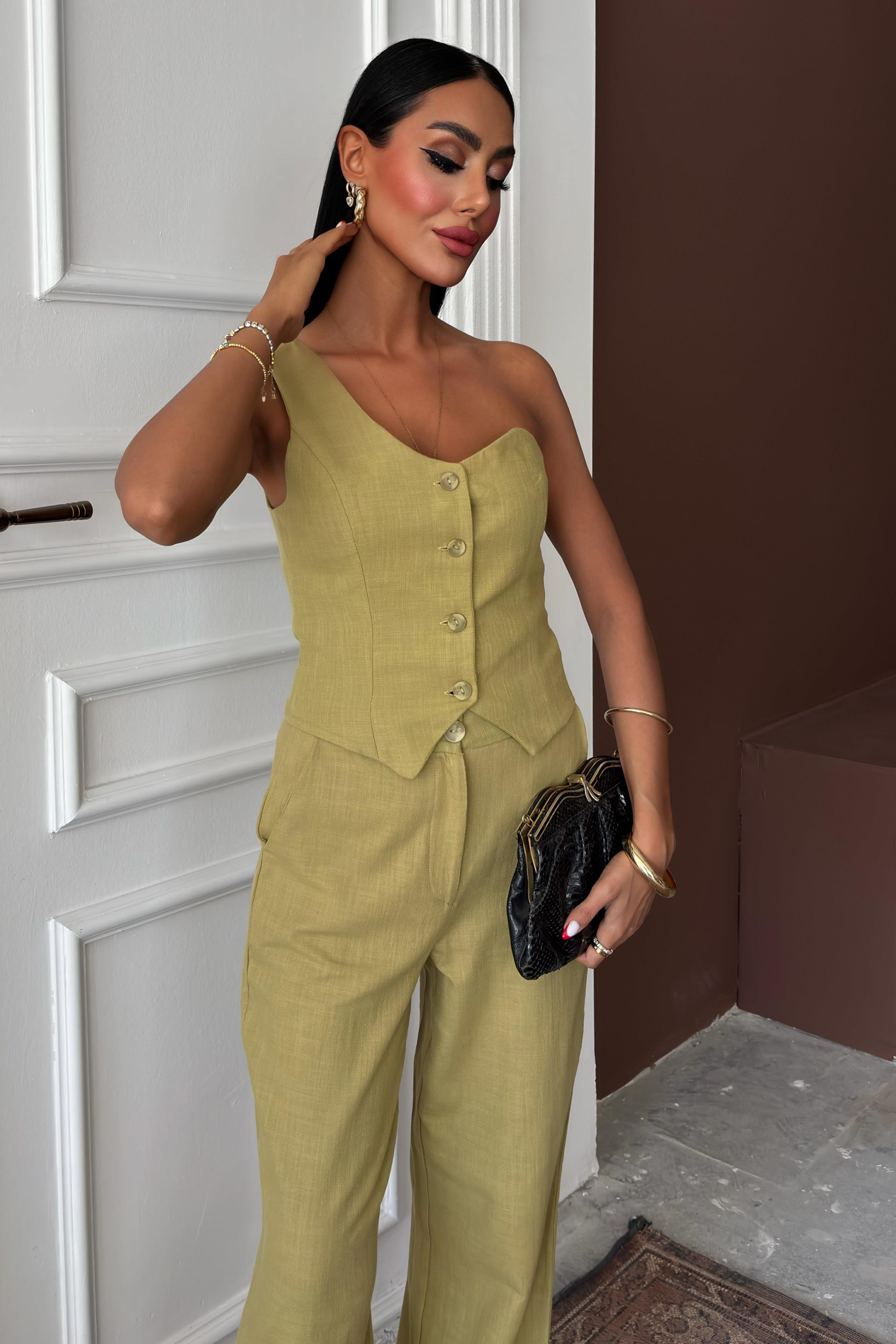 S5Y10159Tek Omuz Büstiyer Plazzo Pantolon Viscon Takım 10159