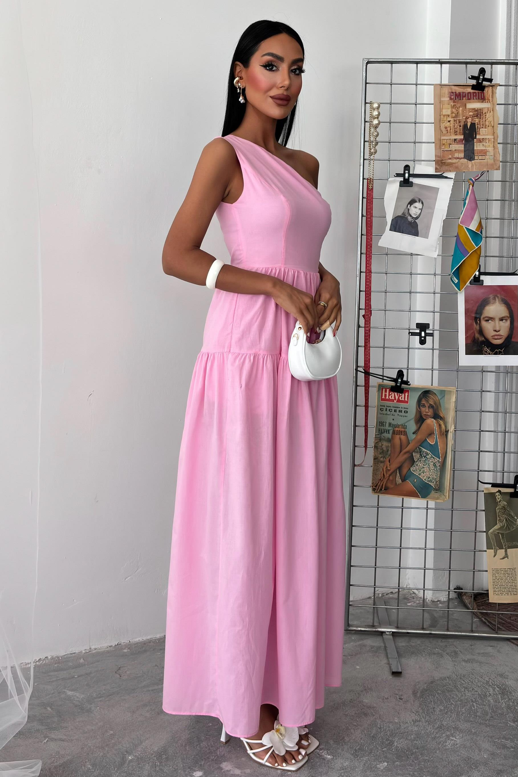 S5Y2895Tek Omuzlu Pile Detay Maxi Elbise 2895
