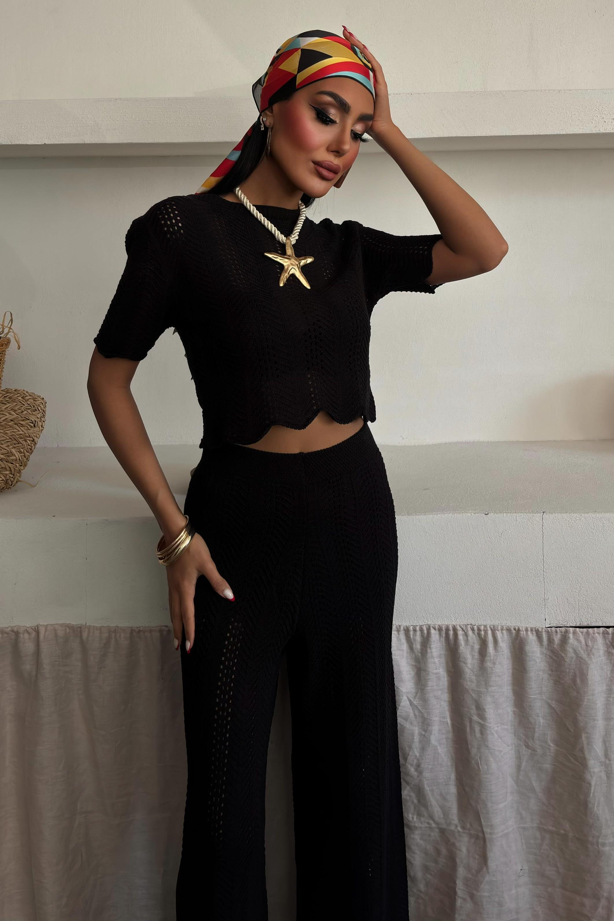 S5Y10084Knitted Blouse Trousers Two Piece Set 10084-025