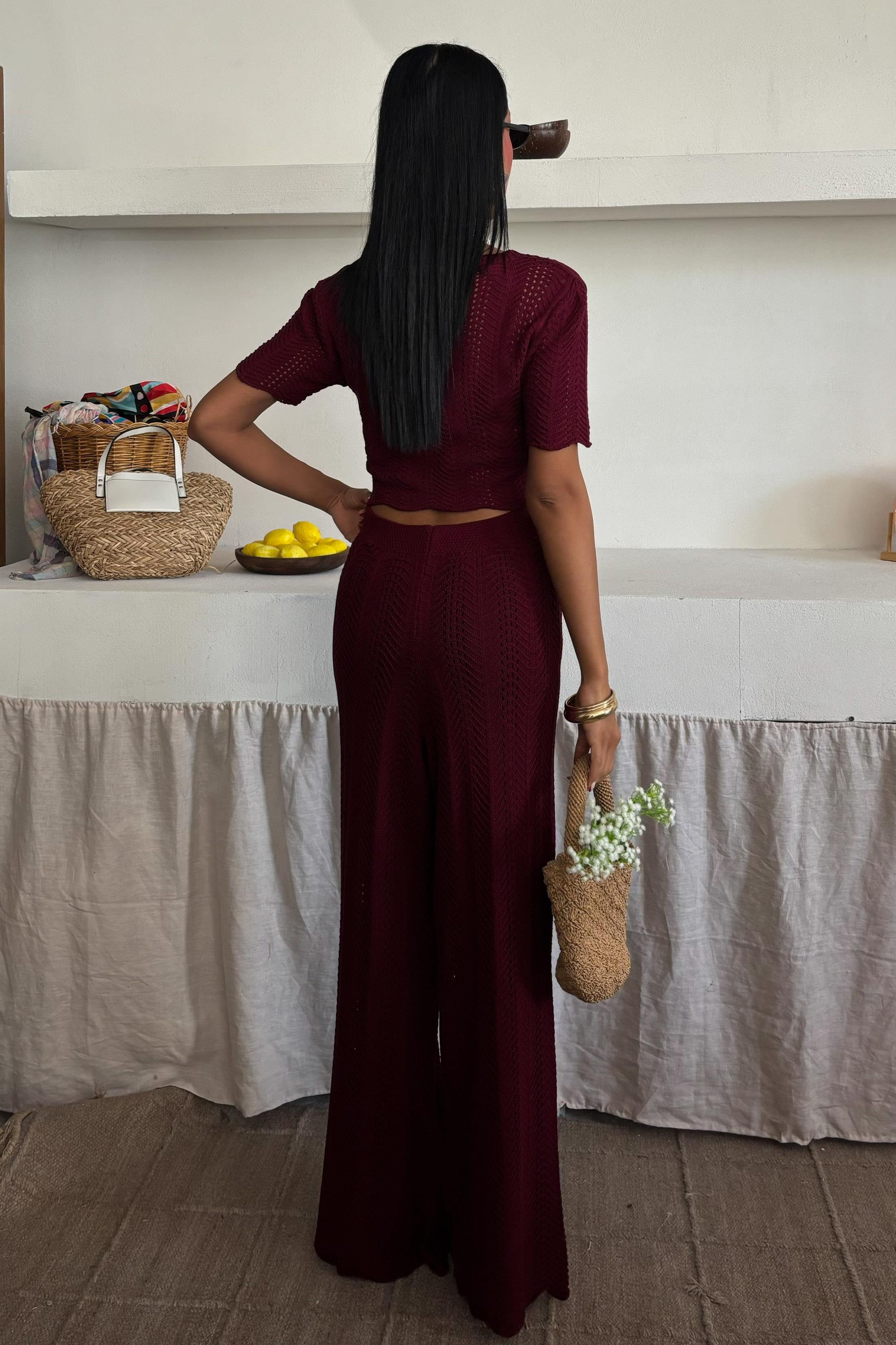 S5Y10084Knitted Blouse Trousers Two Piece Set 10084-025