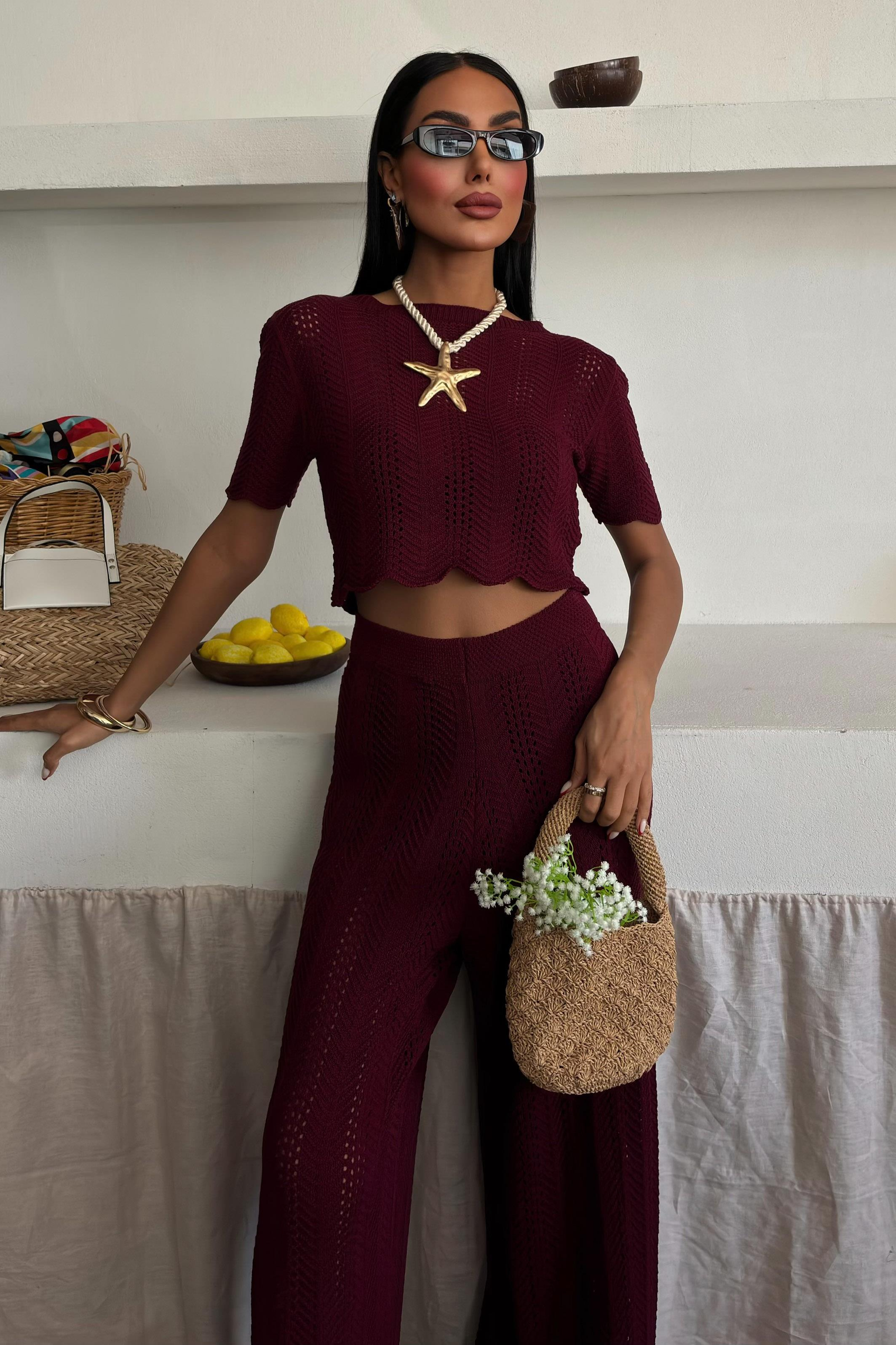 S5Y10084Knitted Blouse Trousers Two Piece Set 10084-025