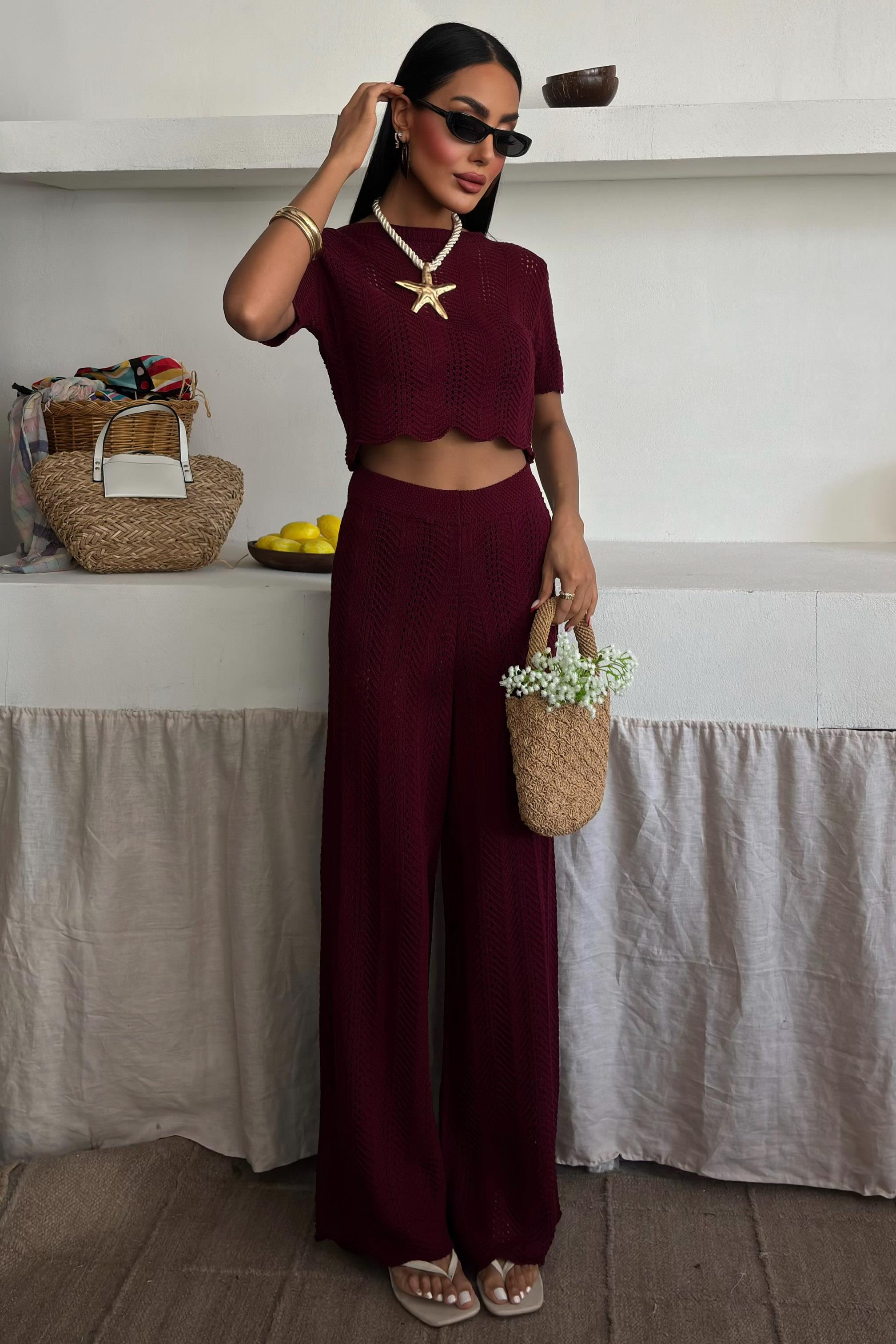 S5Y10084Knitted Blouse Trousers Two Piece Set 10084-025