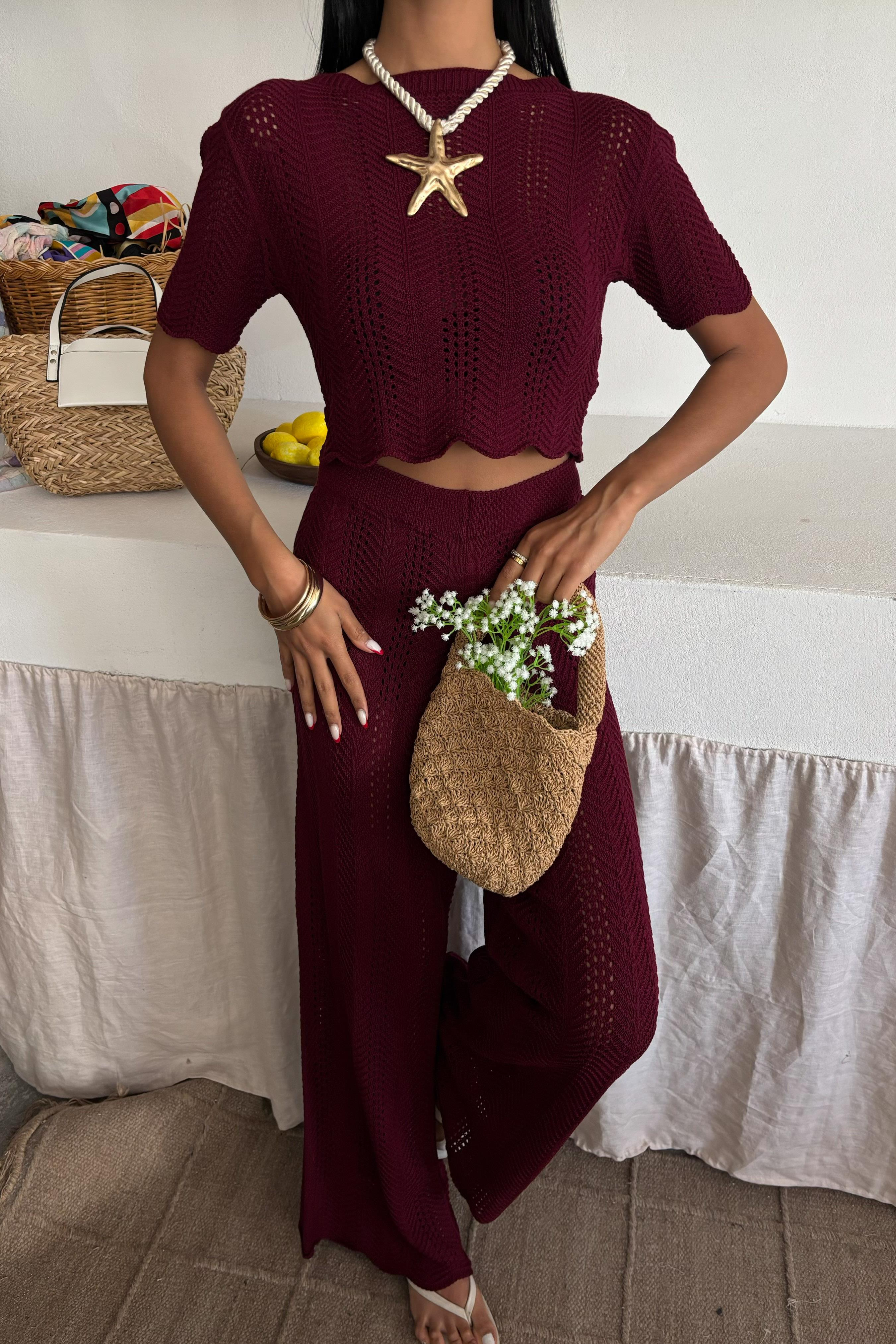S5Y10084Knitted Blouse Trousers Two Piece Set 10084-025