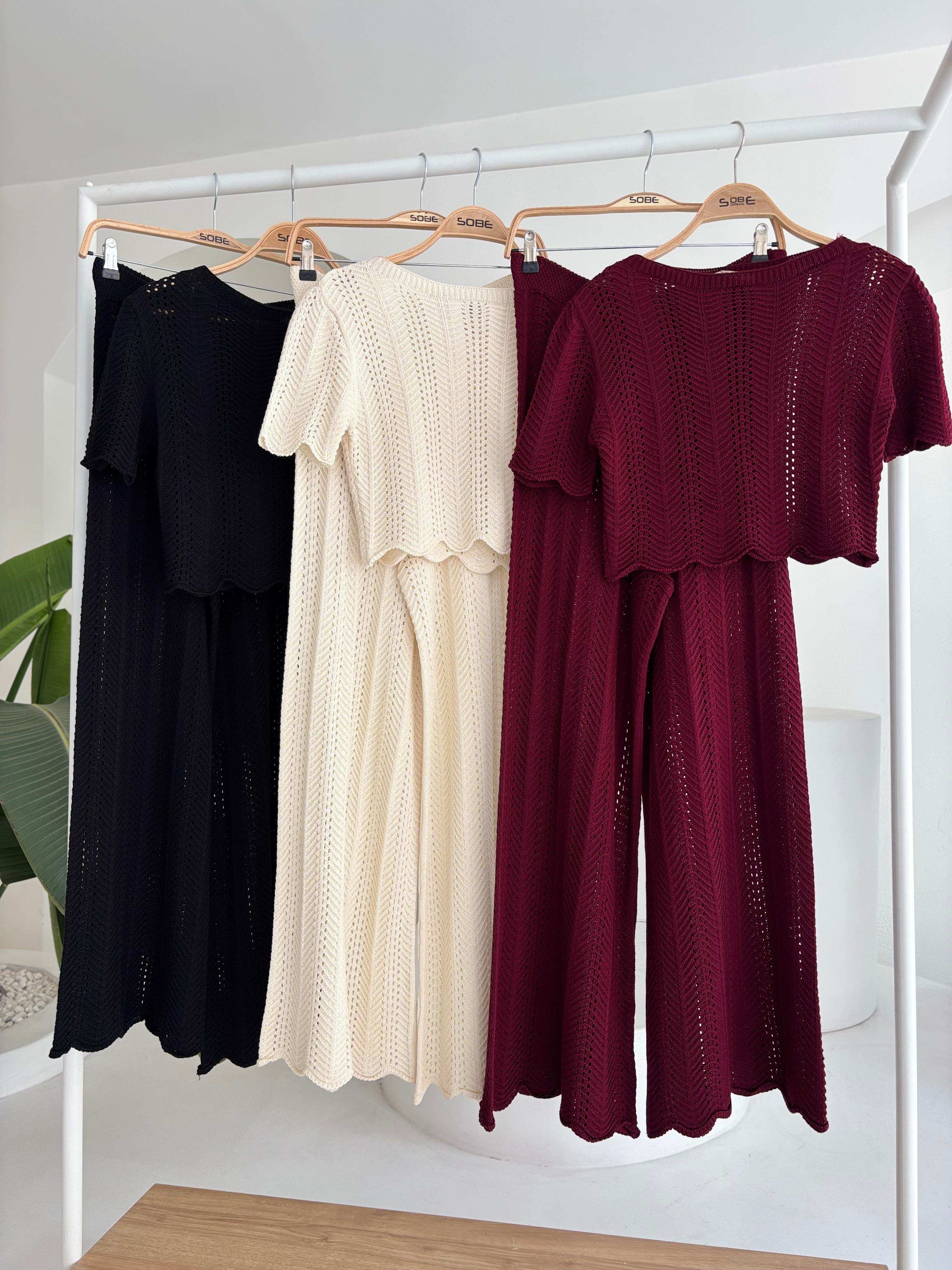 S5Y10084Knitted Blouse Trousers Two Piece Set 10084-025
