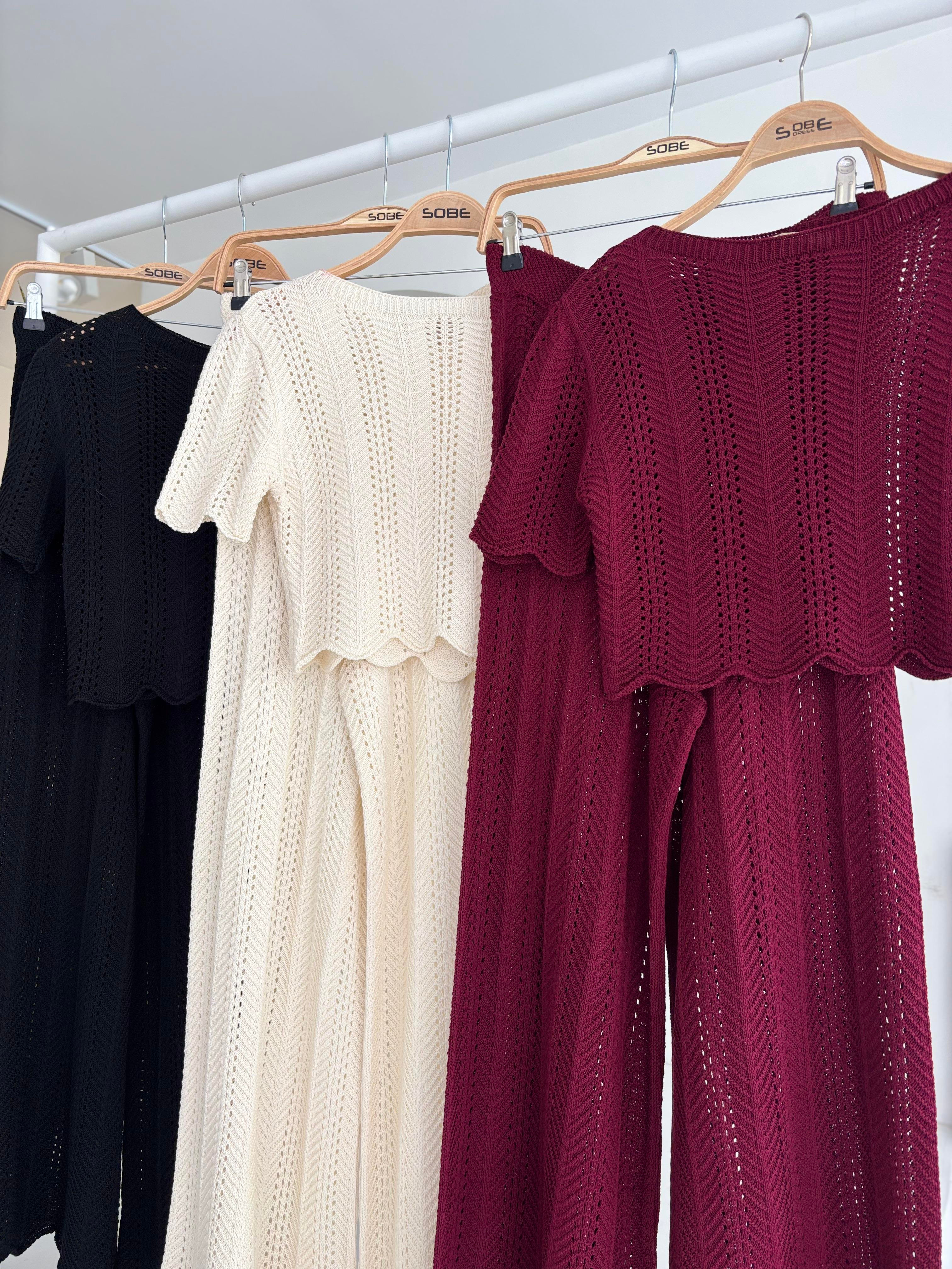 S5Y10084Knitted Blouse Trousers Two Piece Set 10084-025