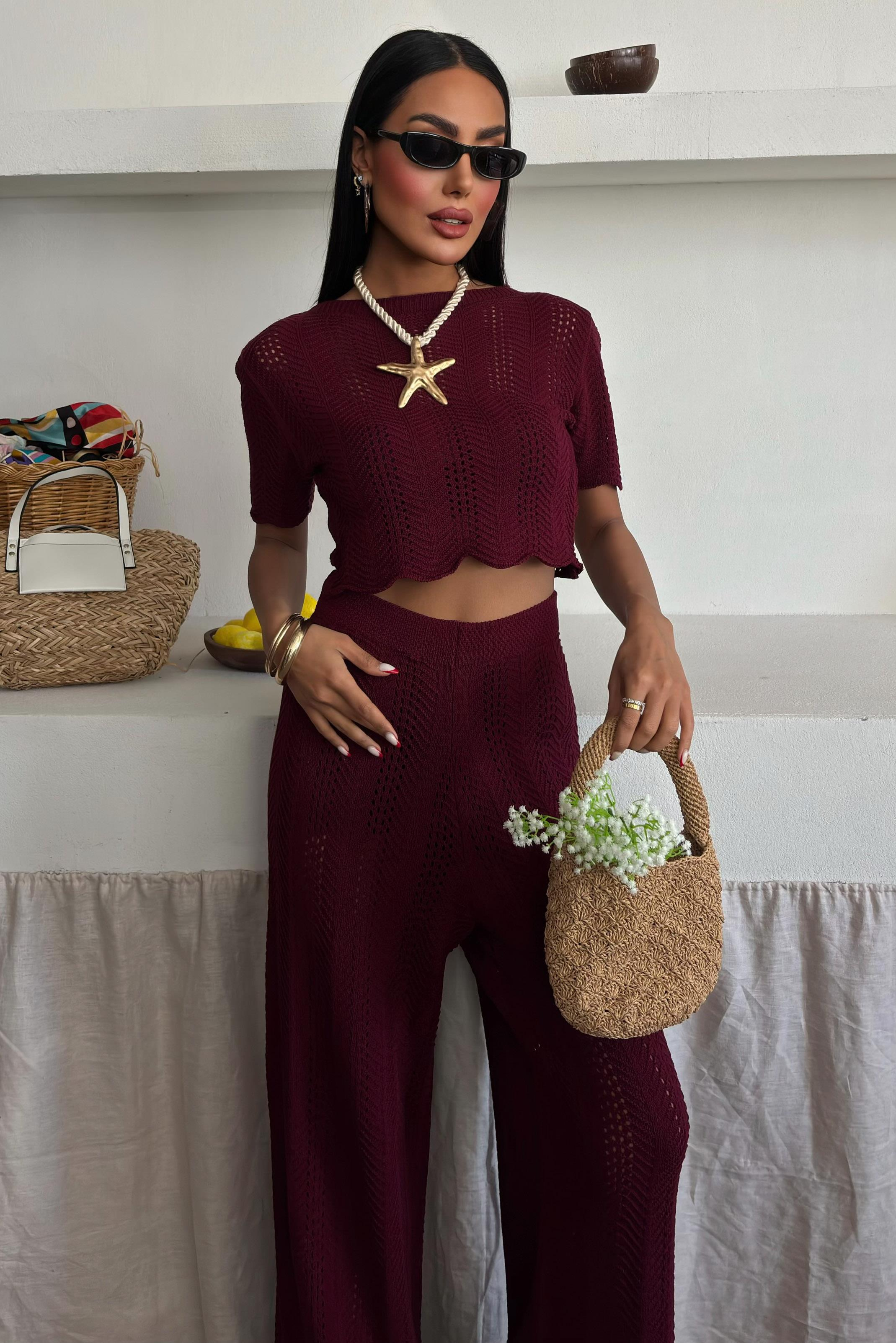 S5Y10084Knitted Blouse Trousers Two Piece Set 10084-025