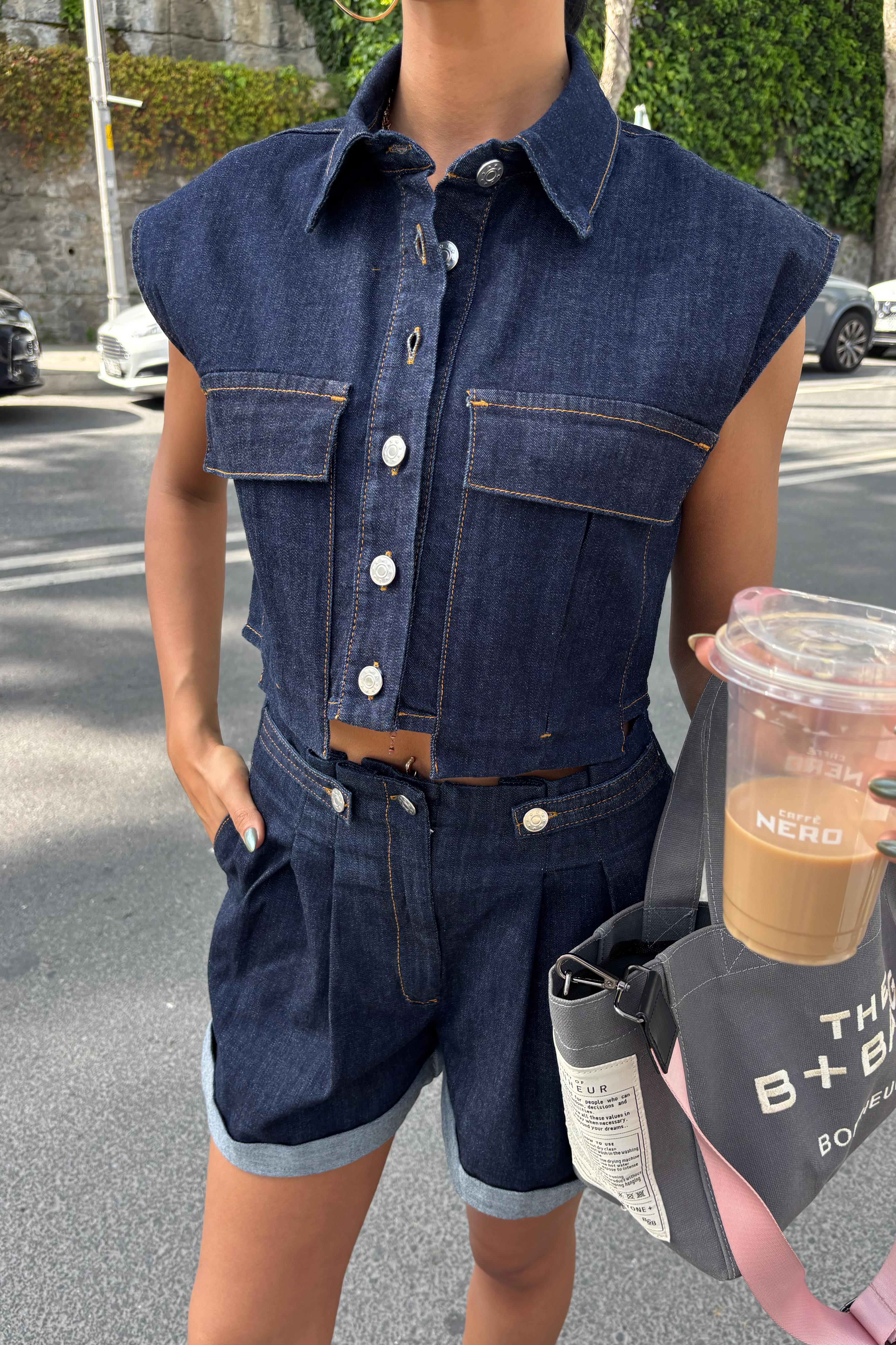 S5Y10198Uzun Cep ve Double Paça Detaylı Denim Takım 10198