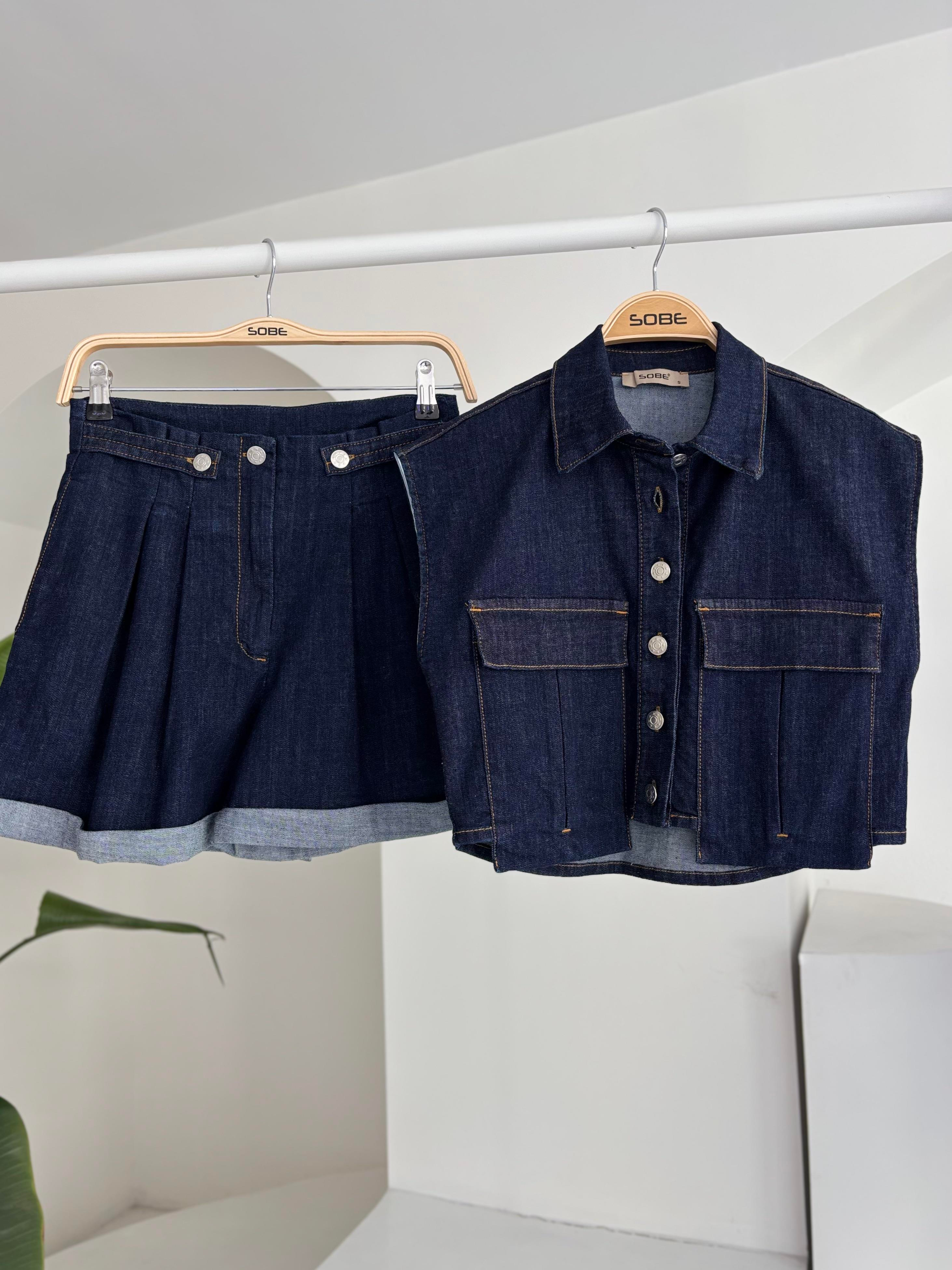 S5Y10198Uzun Cep ve Double Paça Detaylı Denim Takım 10198