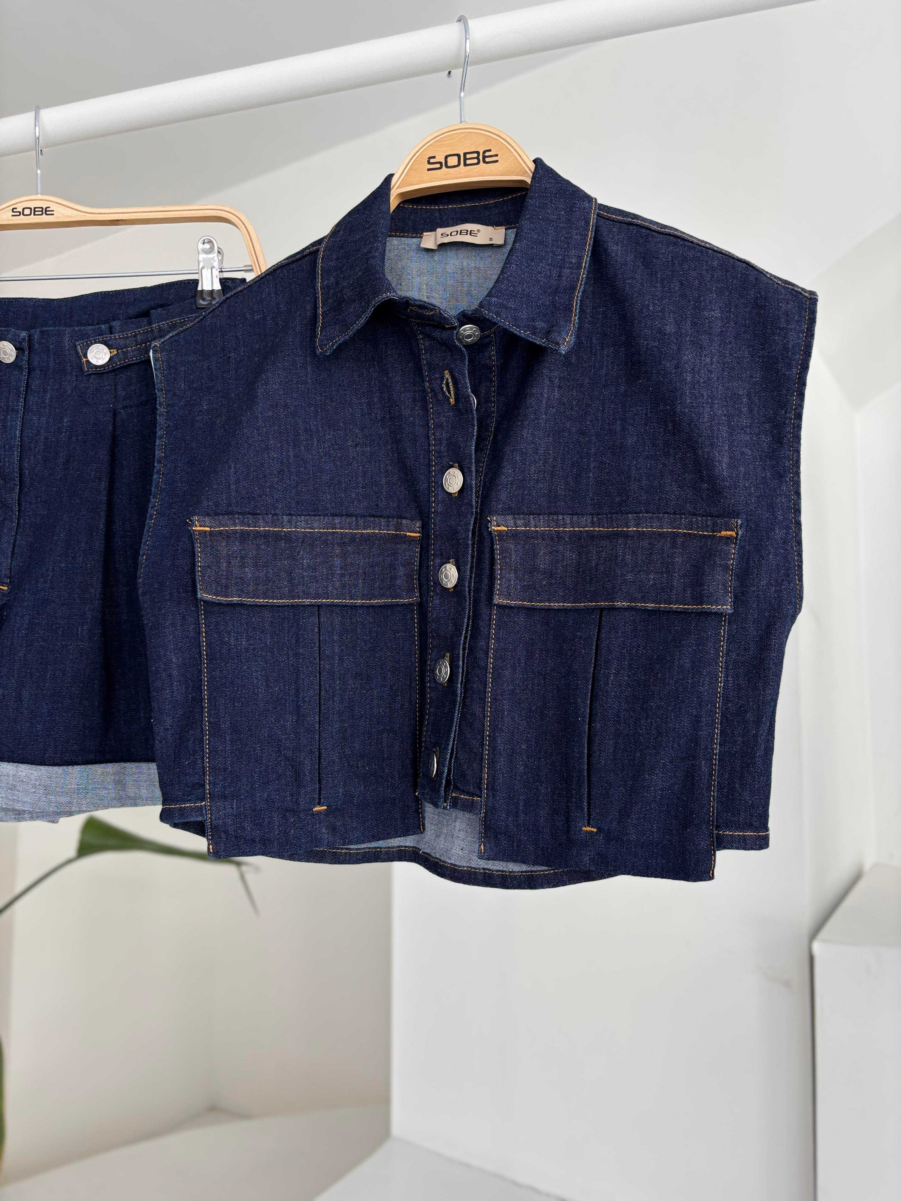 S5Y10198Uzun Cep ve Double Paça Detaylı Denim Takım 10198
