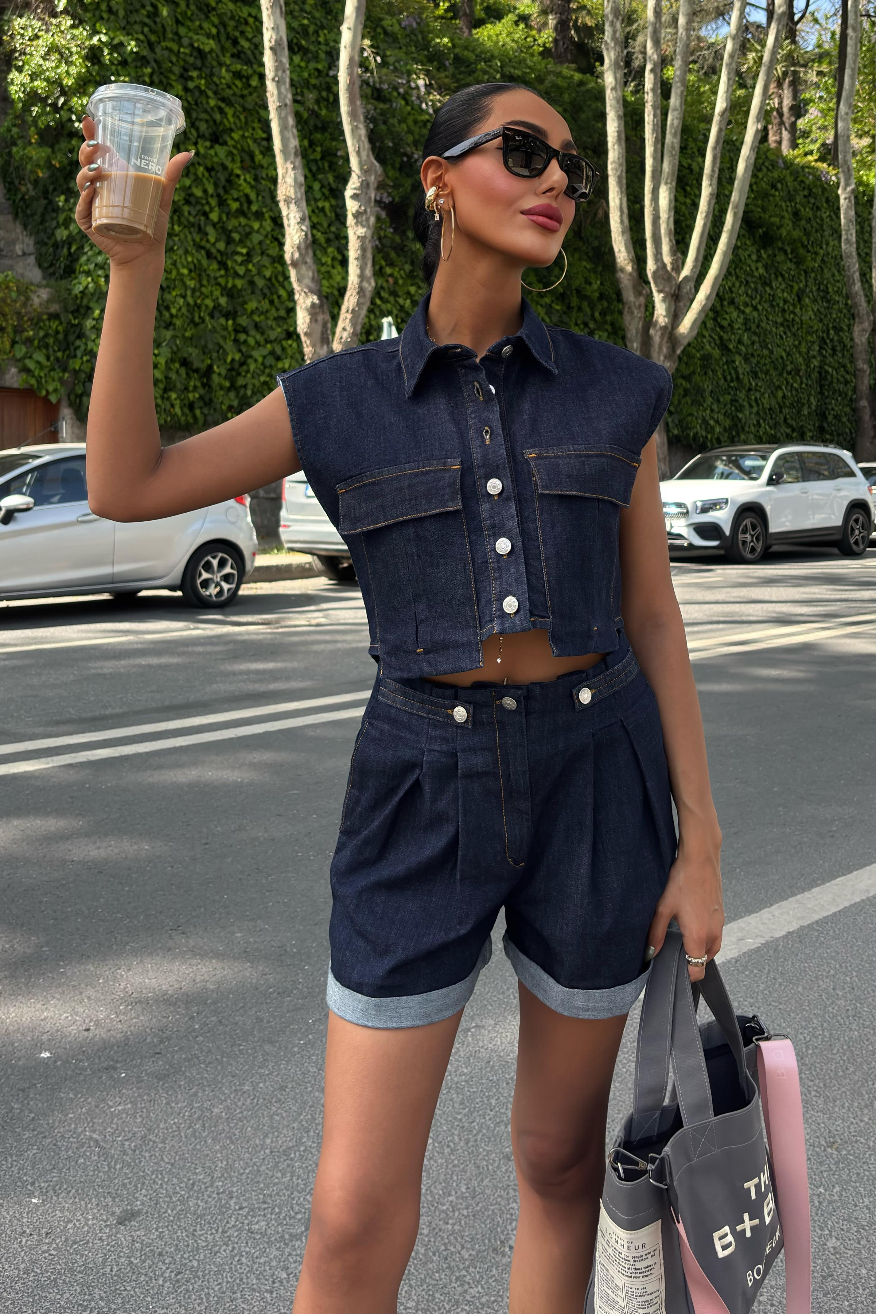 S5Y10198Uzun Cep ve Double Paça Detaylı Denim Takım 10198