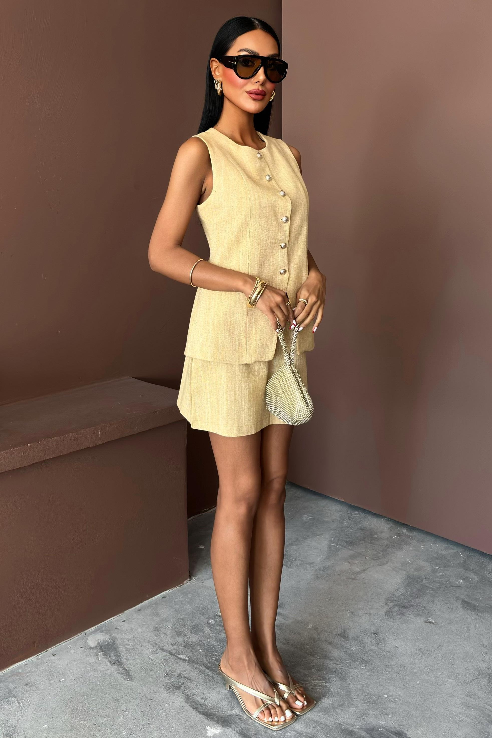 S5Y10148Long Vest Mini Skirt Flamed Linen Suit 10148