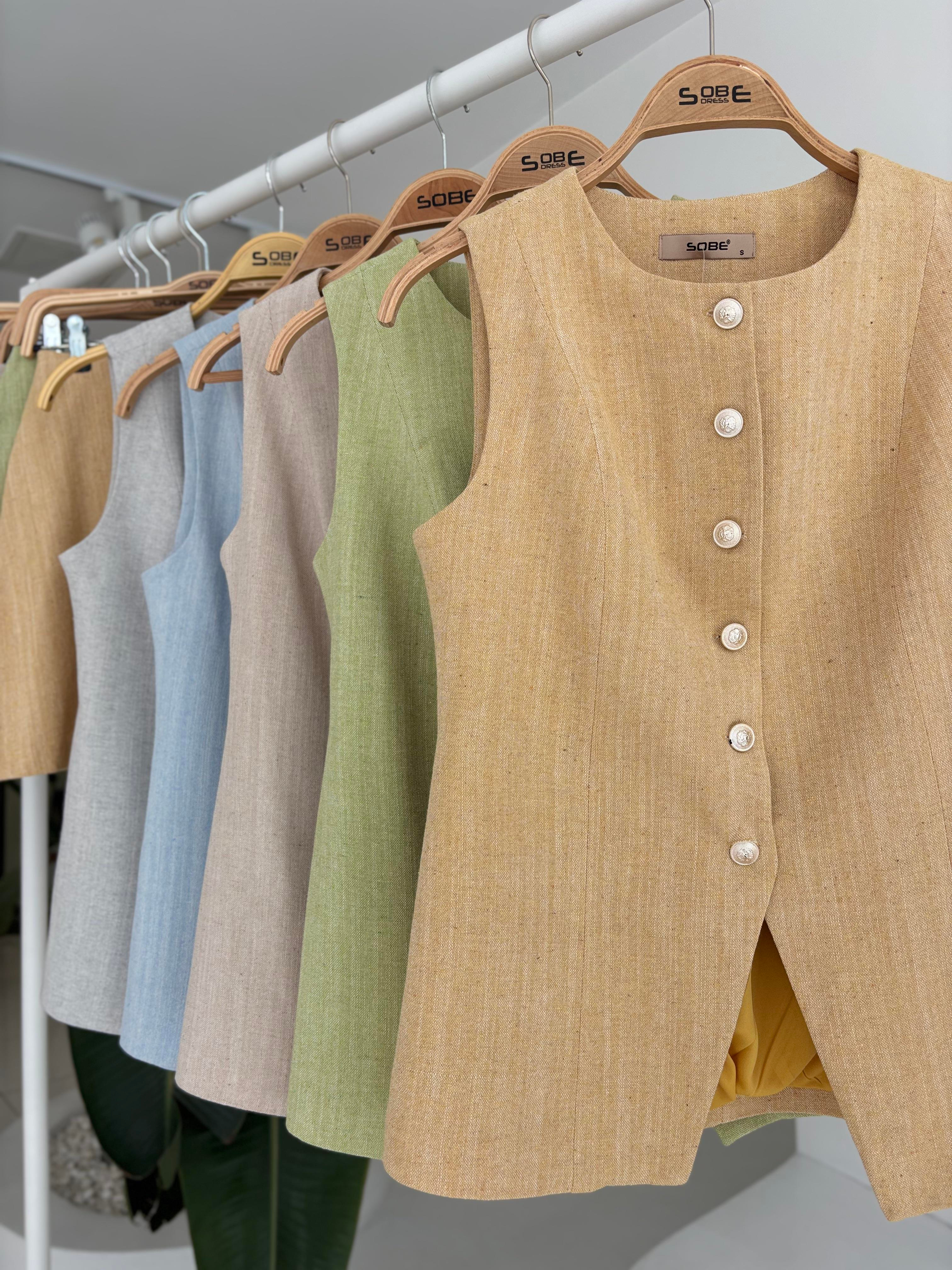 S5Y10148Long Vest Mini Skirt Flamed Linen Suit 10148
