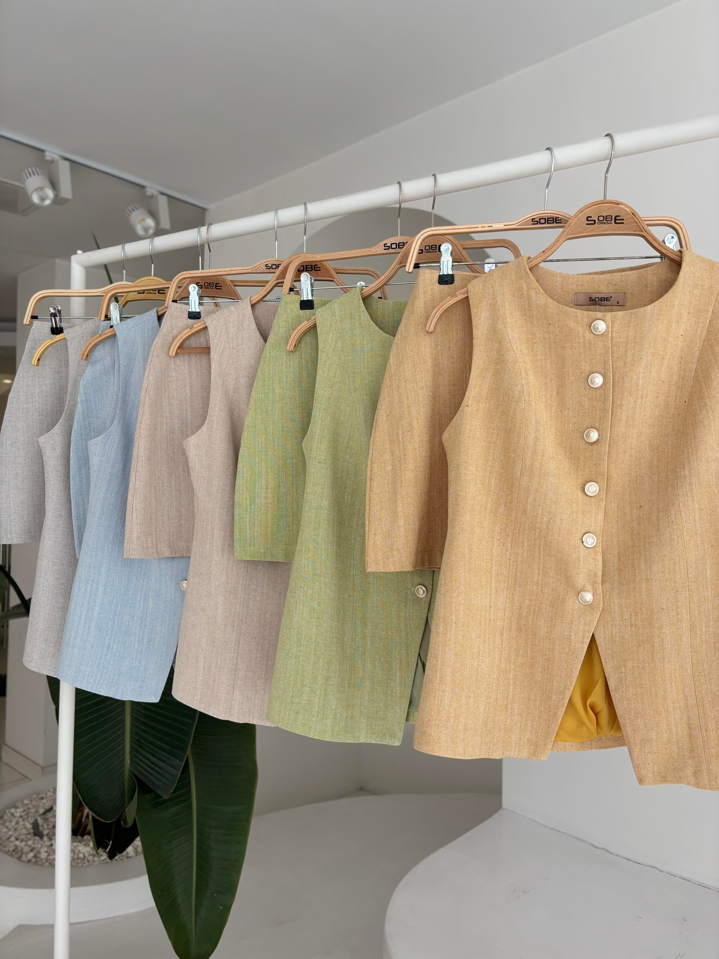 S5Y10148Long Vest Mini Skirt Flamed Linen Suit 10148