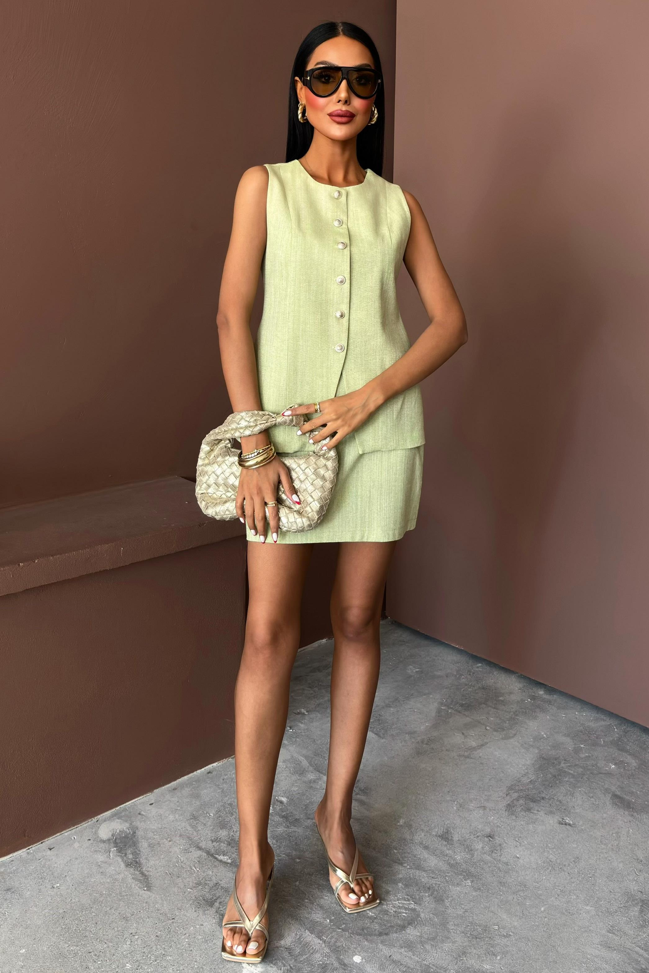 S5Y10148Long Vest Mini Skirt Flamed Linen Suit 10148