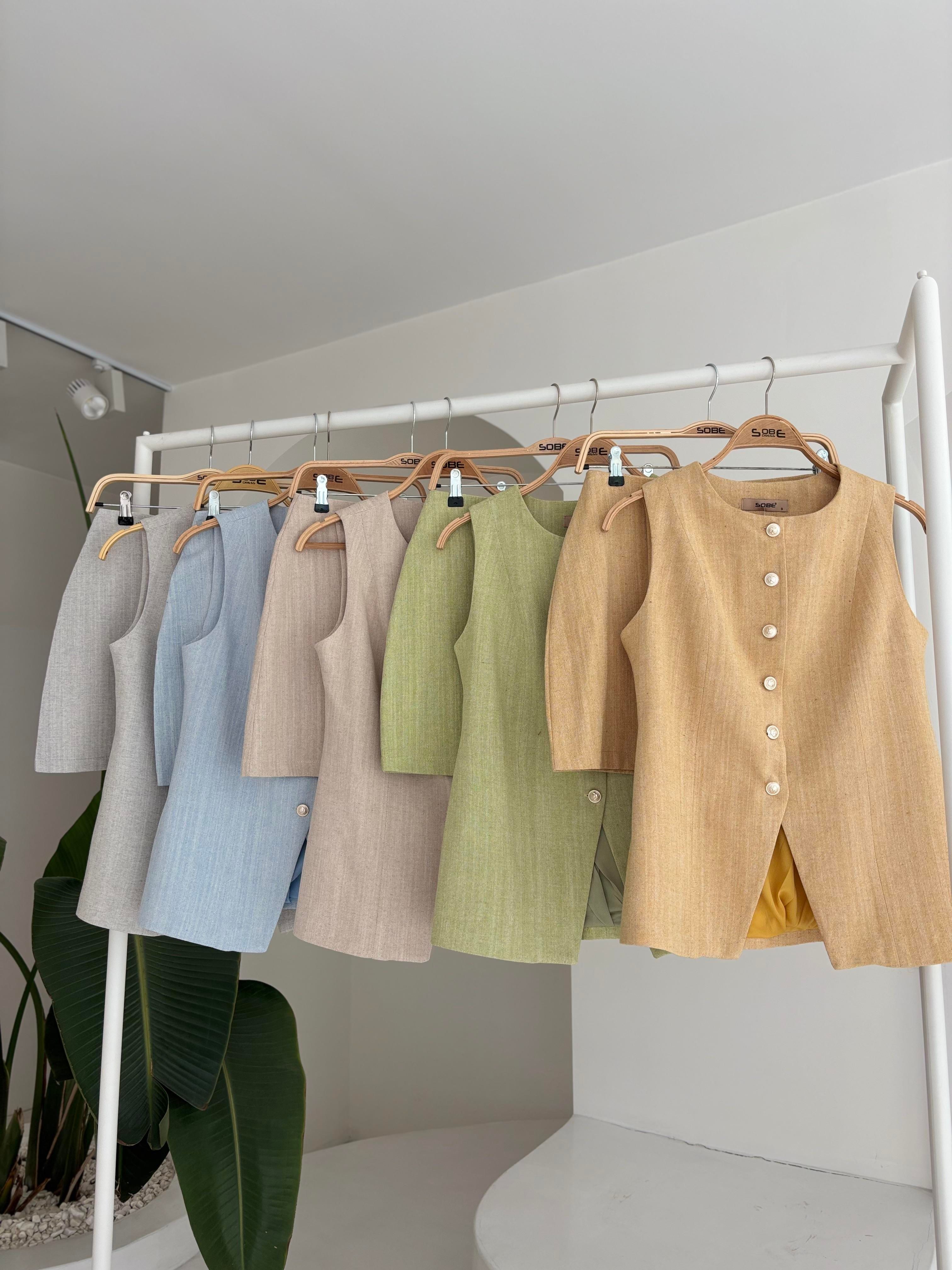 S5Y10148Long Vest Mini Skirt Flamed Linen Suit 10148