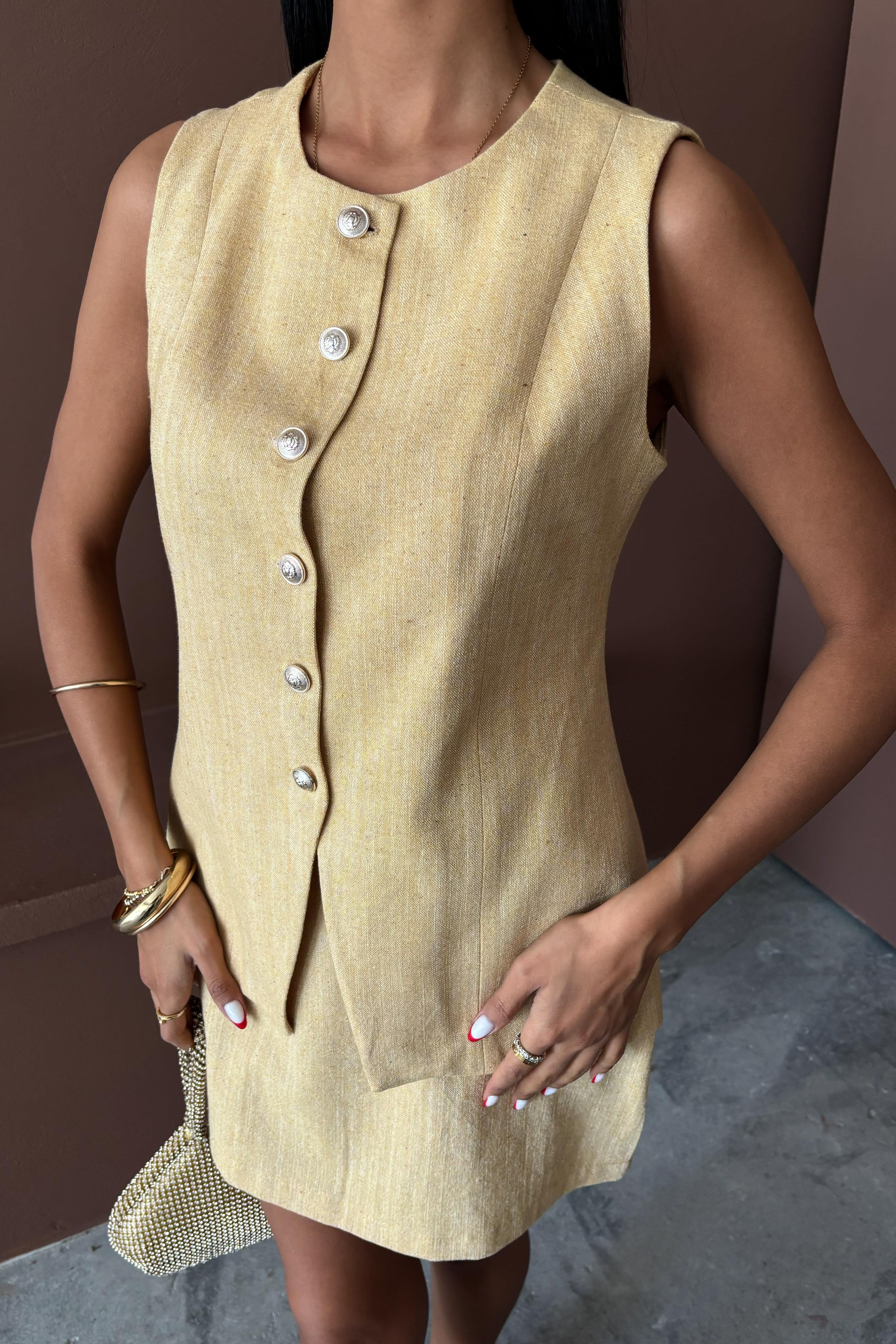S5Y10148Long Vest Mini Skirt Flamed Linen Suit 10148