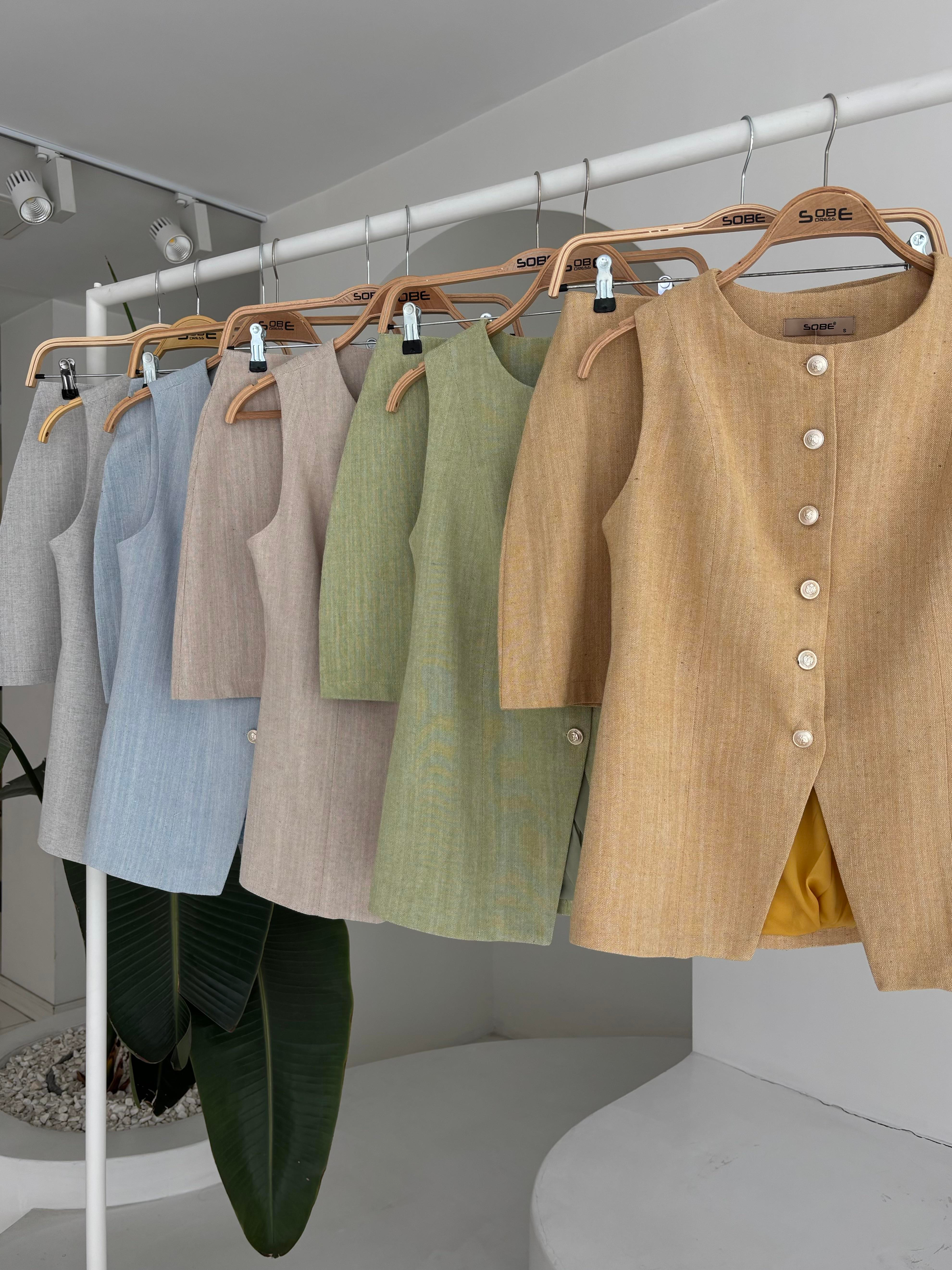S5Y10148Long Vest Mini Skirt Flamed Linen Suit 10148