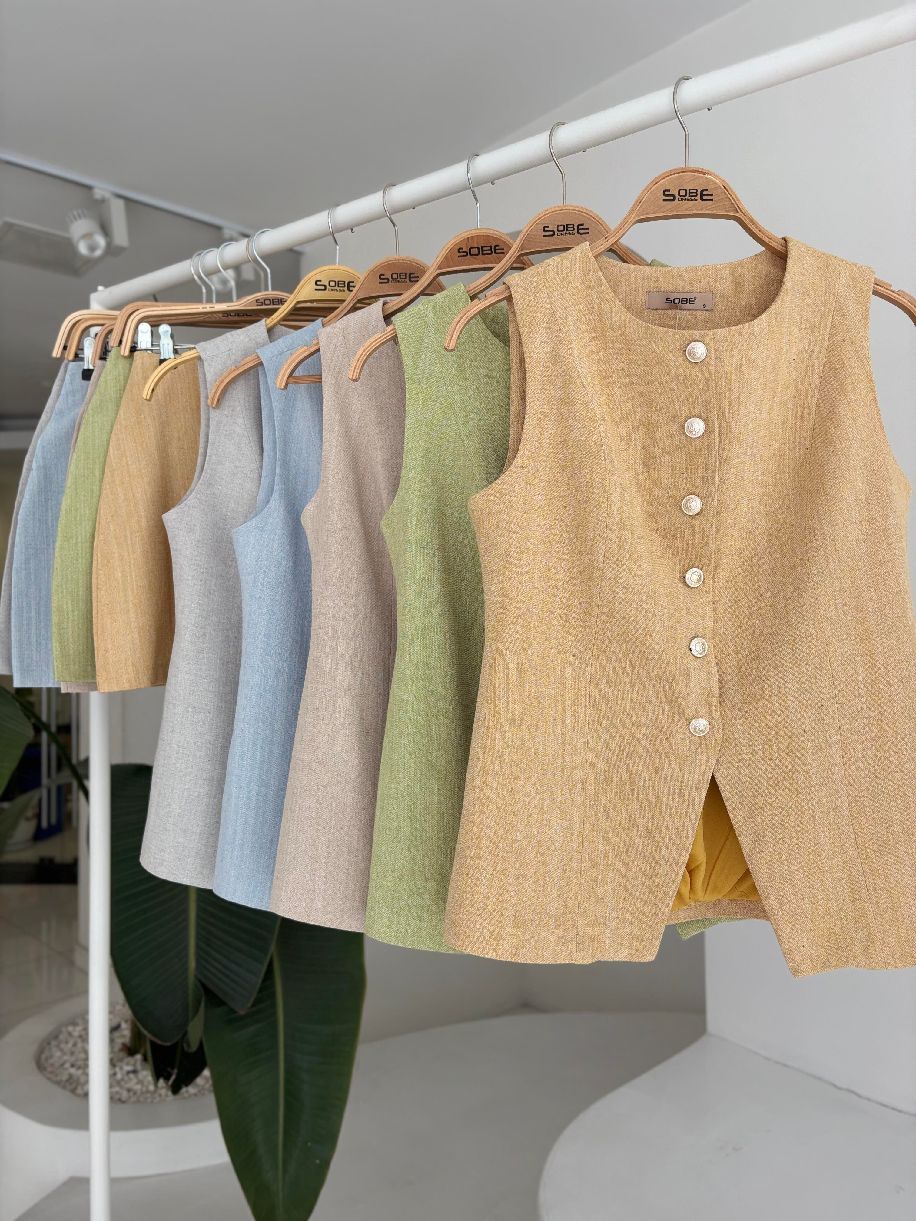 S5Y10148Long Vest Mini Skirt Flamed Linen Suit 10148