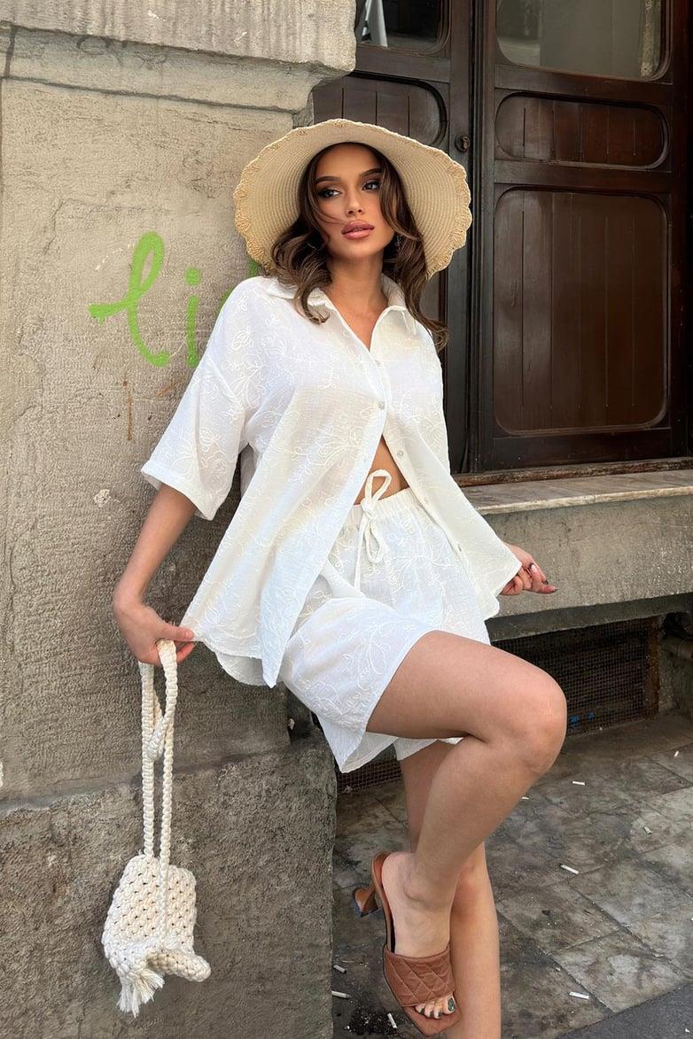 S4Y9855Violeta Şortlu Keten Takım 9855