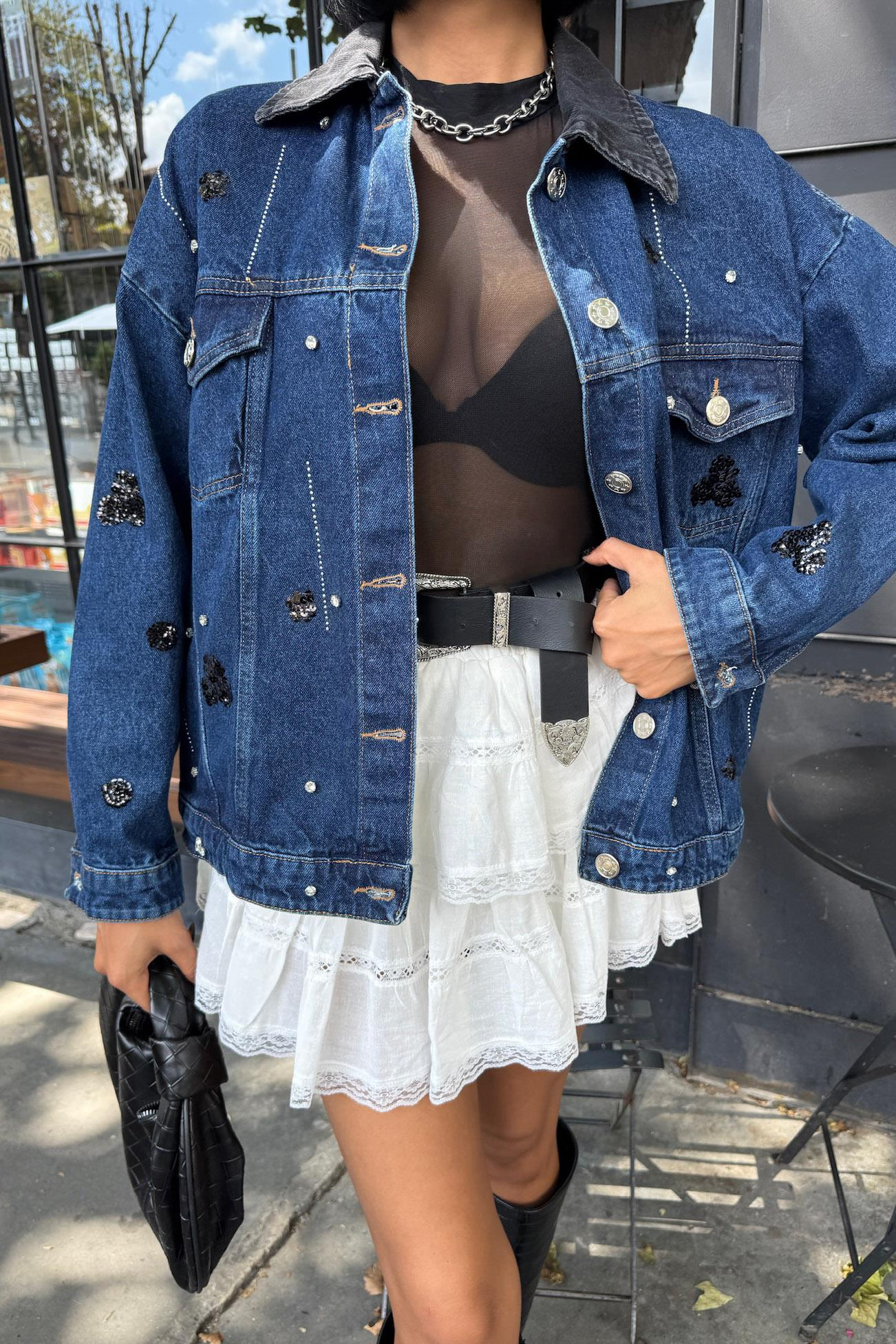 S5Y6125Yaka Siyah Garni Pul Payet Taşlı Oversize Denim Ceket 6125
