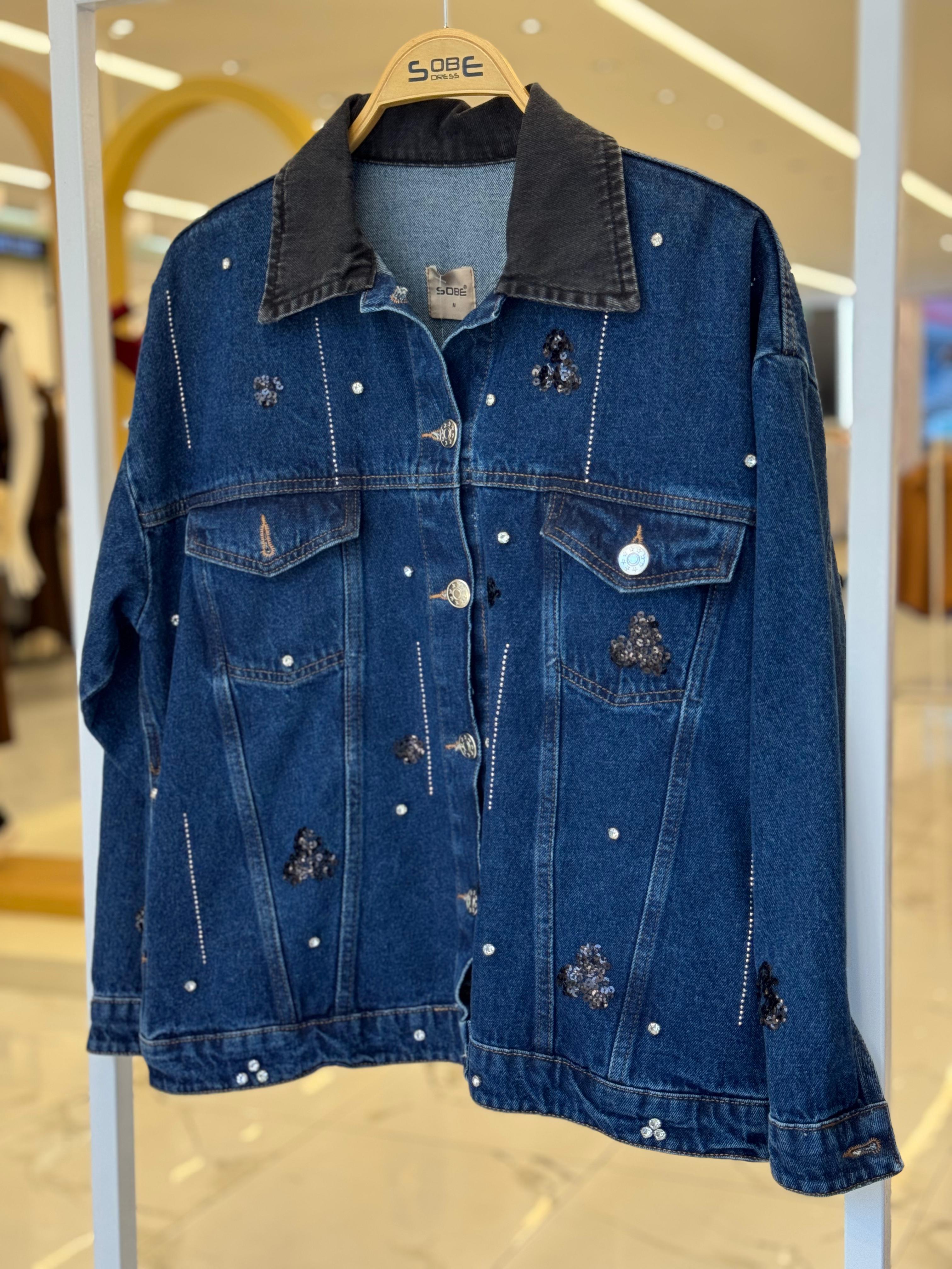 S5Y6125Yaka Siyah Garni Pul Payet Taşlı Oversize Denim Ceket 6125