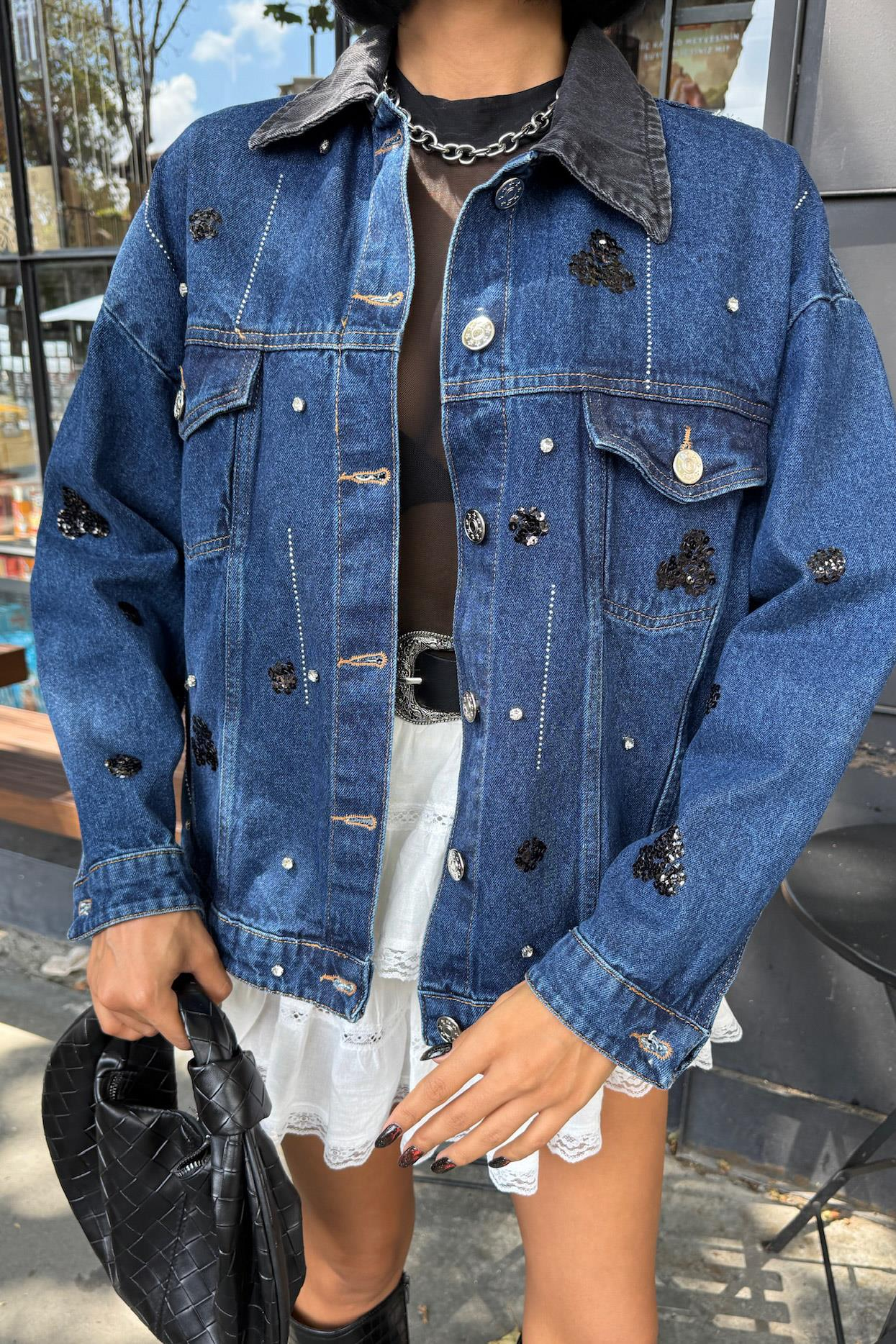 S5Y6125Yaka Siyah Garni Pul Payet Taşlı Oversize Denim Ceket 6125
