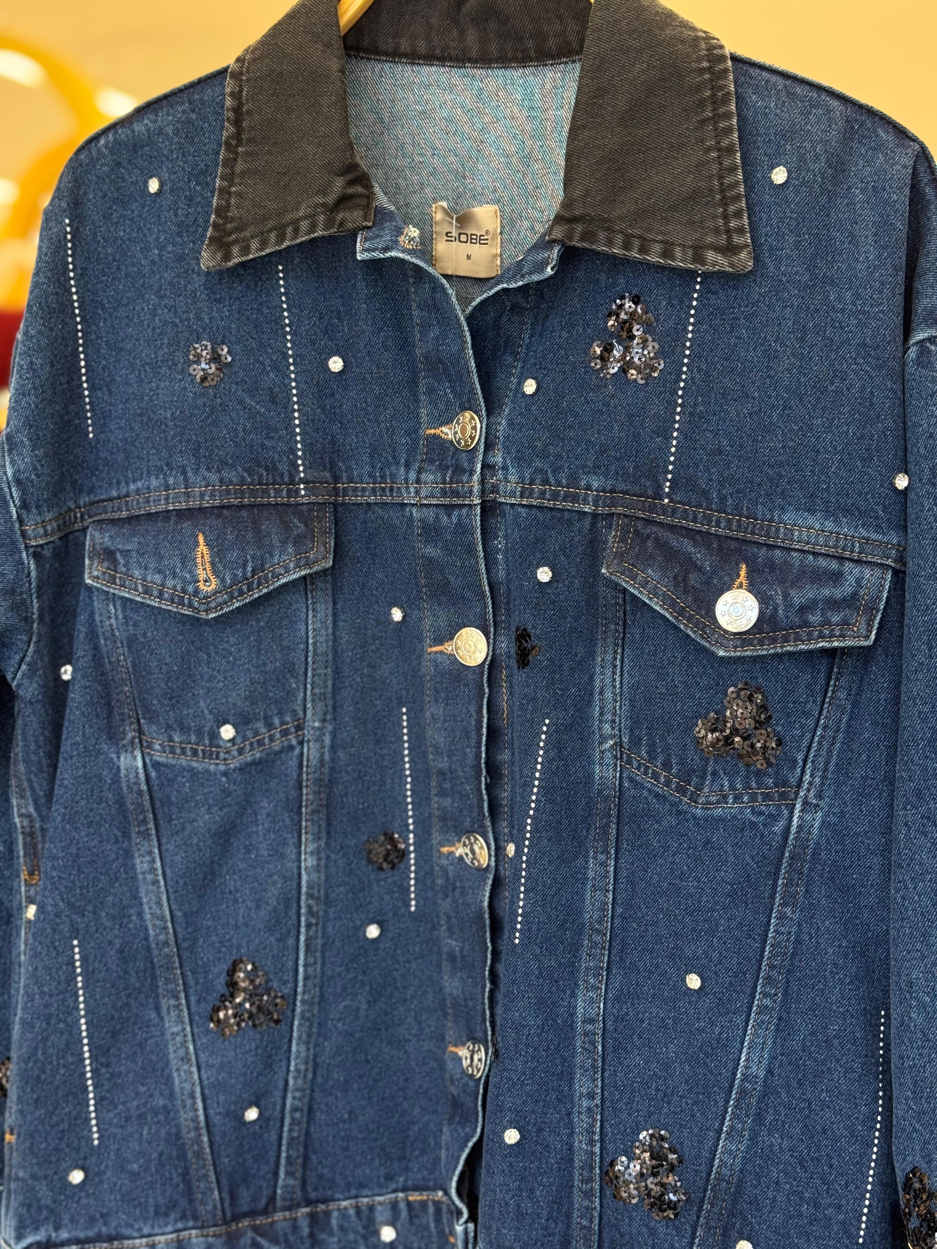 S5Y6125Yaka Siyah Garni Pul Payet Taşlı Oversize Denim Ceket 6125