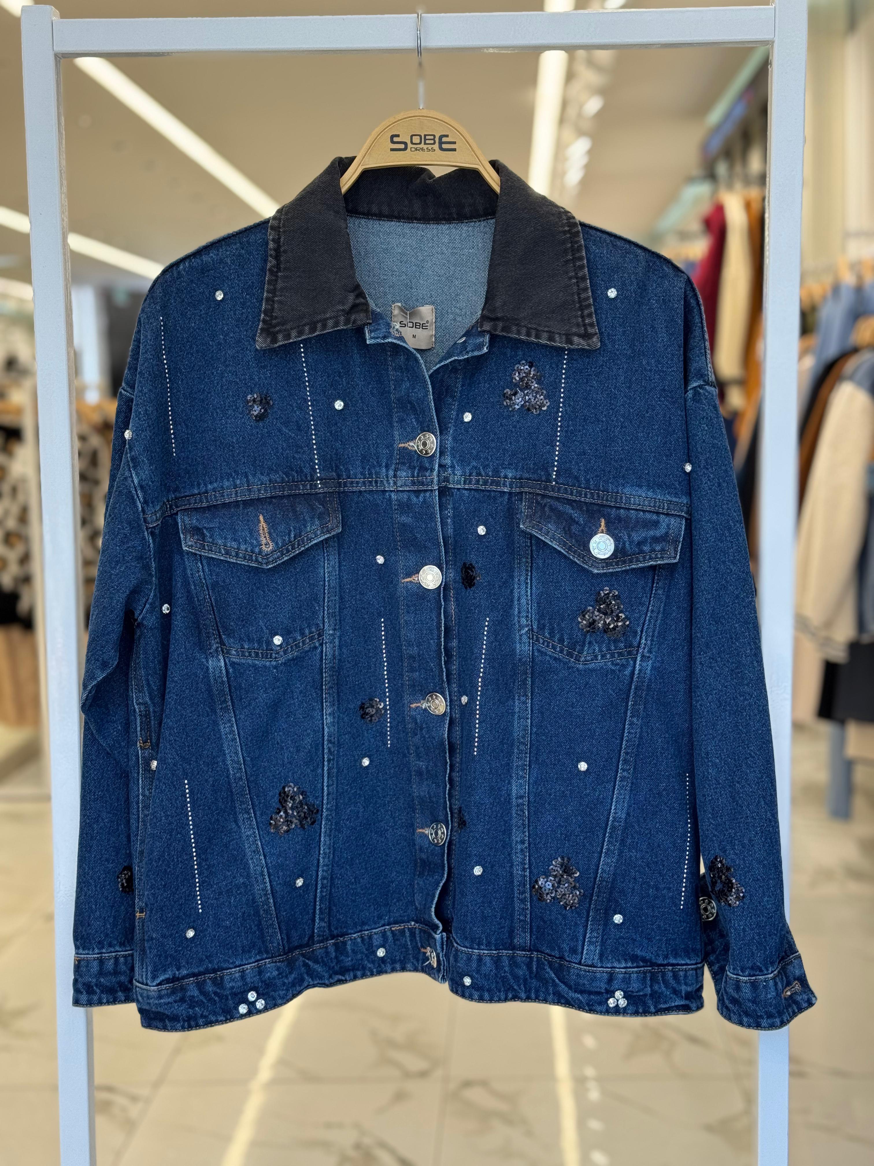 S5Y6125Yaka Siyah Garni Pul Payet Taşlı Oversize Denim Ceket 6125